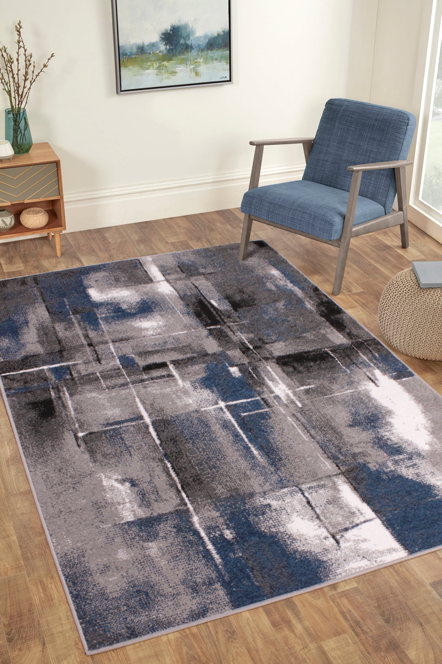 Modern Spirit Artiste Pictorial Abstract Rug in Navy Blue Large 160x230 cm (5'3"x7'7")