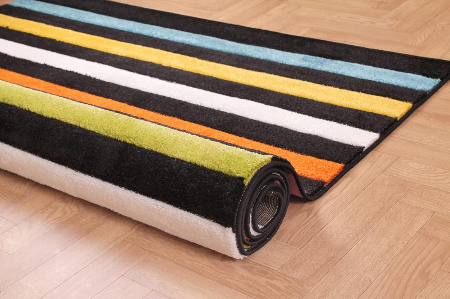 Hand-Carved Geometric Multi-Coloured Rug – Stilo Multi – Vibrant Striped Statement Rug for Living Room or Bedroom