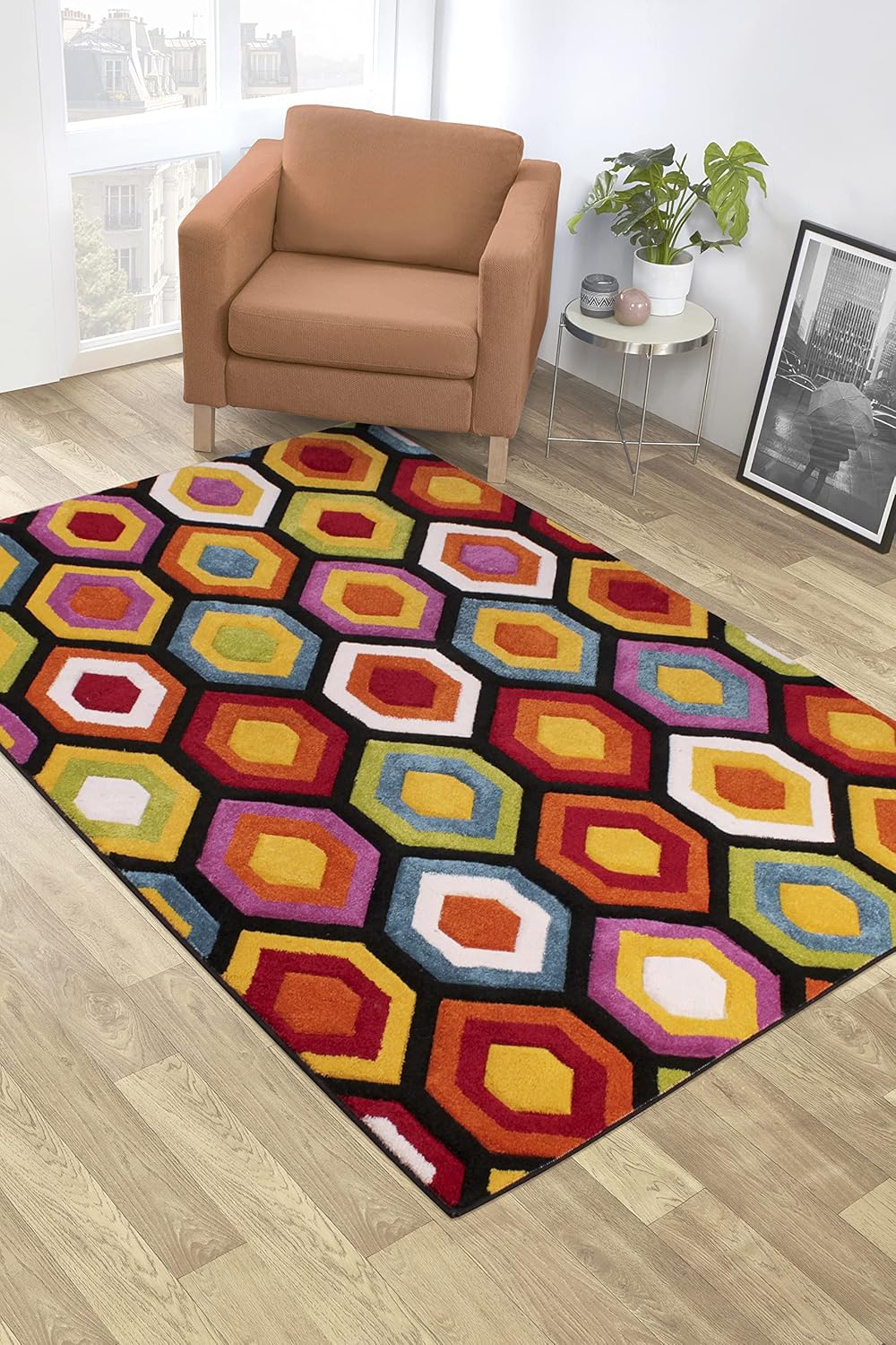 Hand-Carved Geometric Multi-Coloured Rug – Marco Multi – Bold Honeycomb Pattern Rug for Living Room or Bedroom