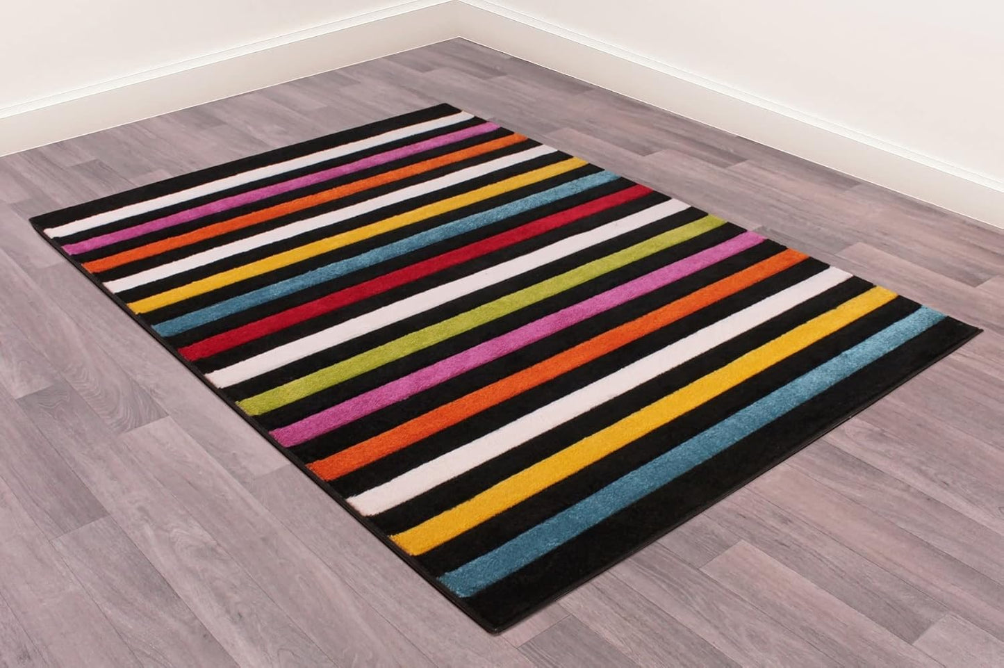 Hand-Carved Geometric Multi-Coloured Rug – Stilo Multi – Vibrant Striped Statement Rug for Living Room or Bedroom
