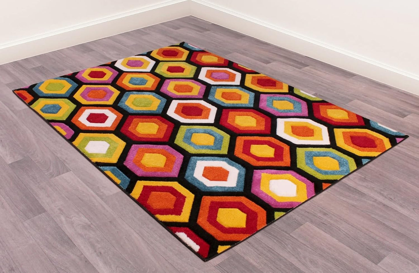 Hand-Carved Geometric Multi-Coloured Rug – Marco Multi – Bold Honeycomb Pattern Rug for Living Room or Bedroom