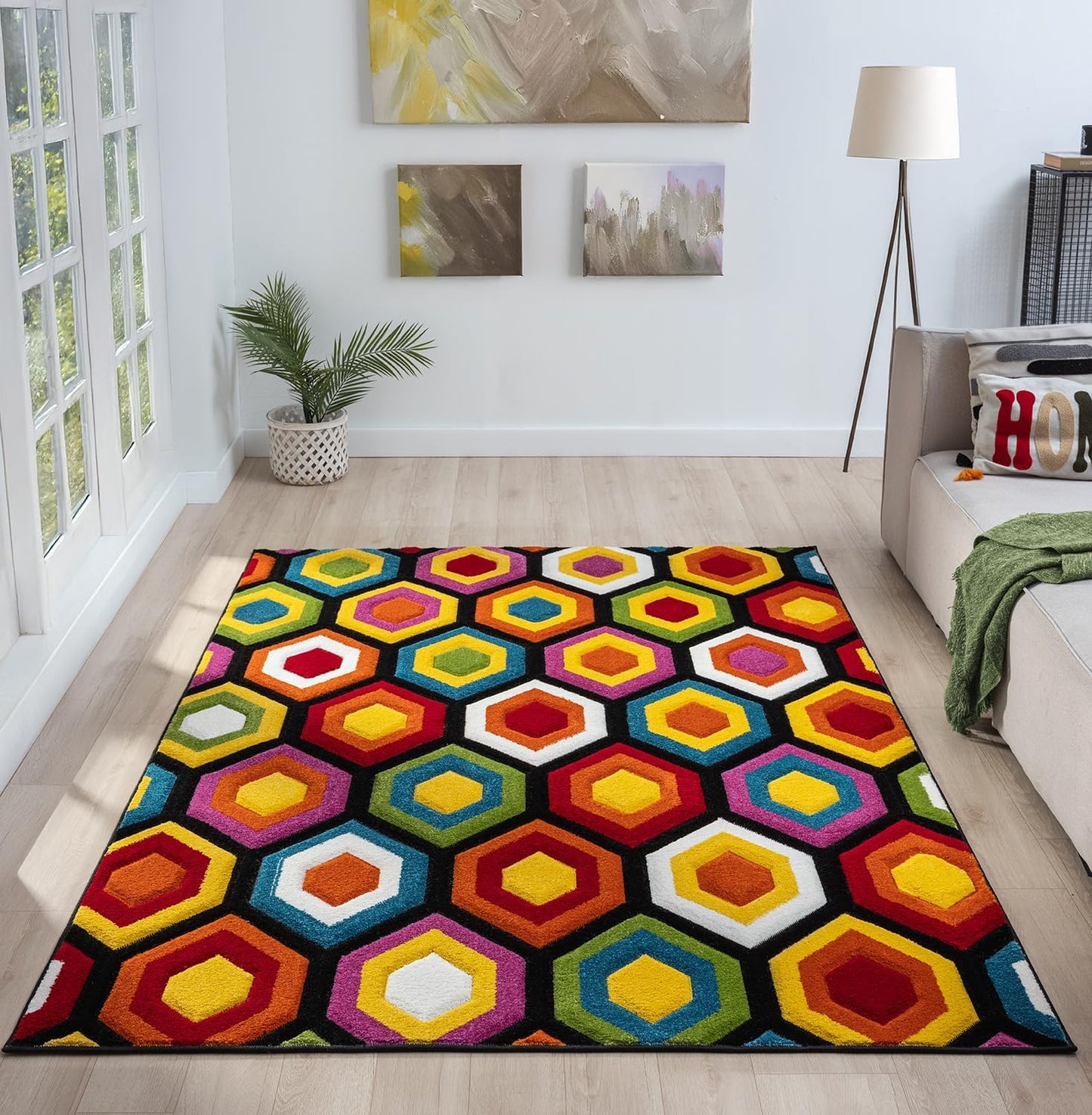 Hand-Carved Geometric Multi-Coloured Rug – Marco Multi – Bold Honeycomb Pattern Rug for Living Room or Bedroom