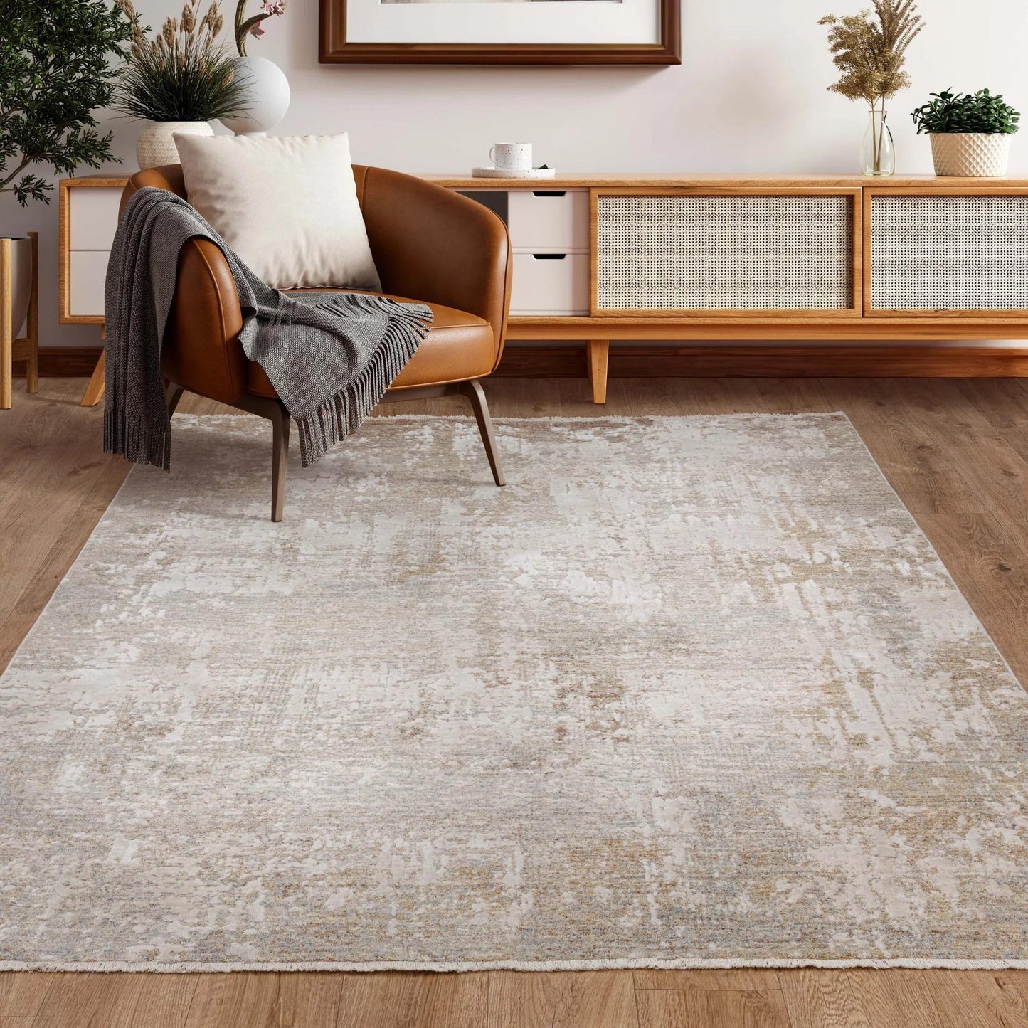 Sevilla 04 Nasrid Kurzflor Teppich Modern Abstrakt Soft Touch Seidiger Teppich in Beige Natur