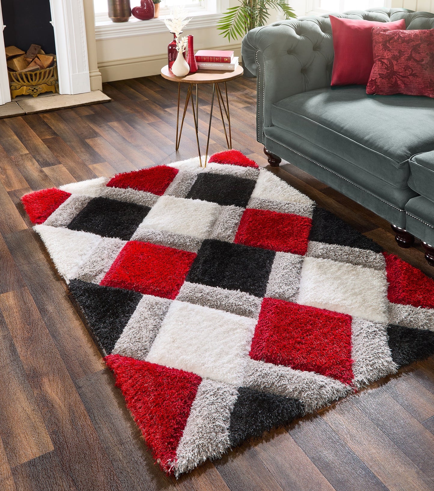 Origins 3D GEO Soft Silky Shaggy Modern Diamond Rug in Red