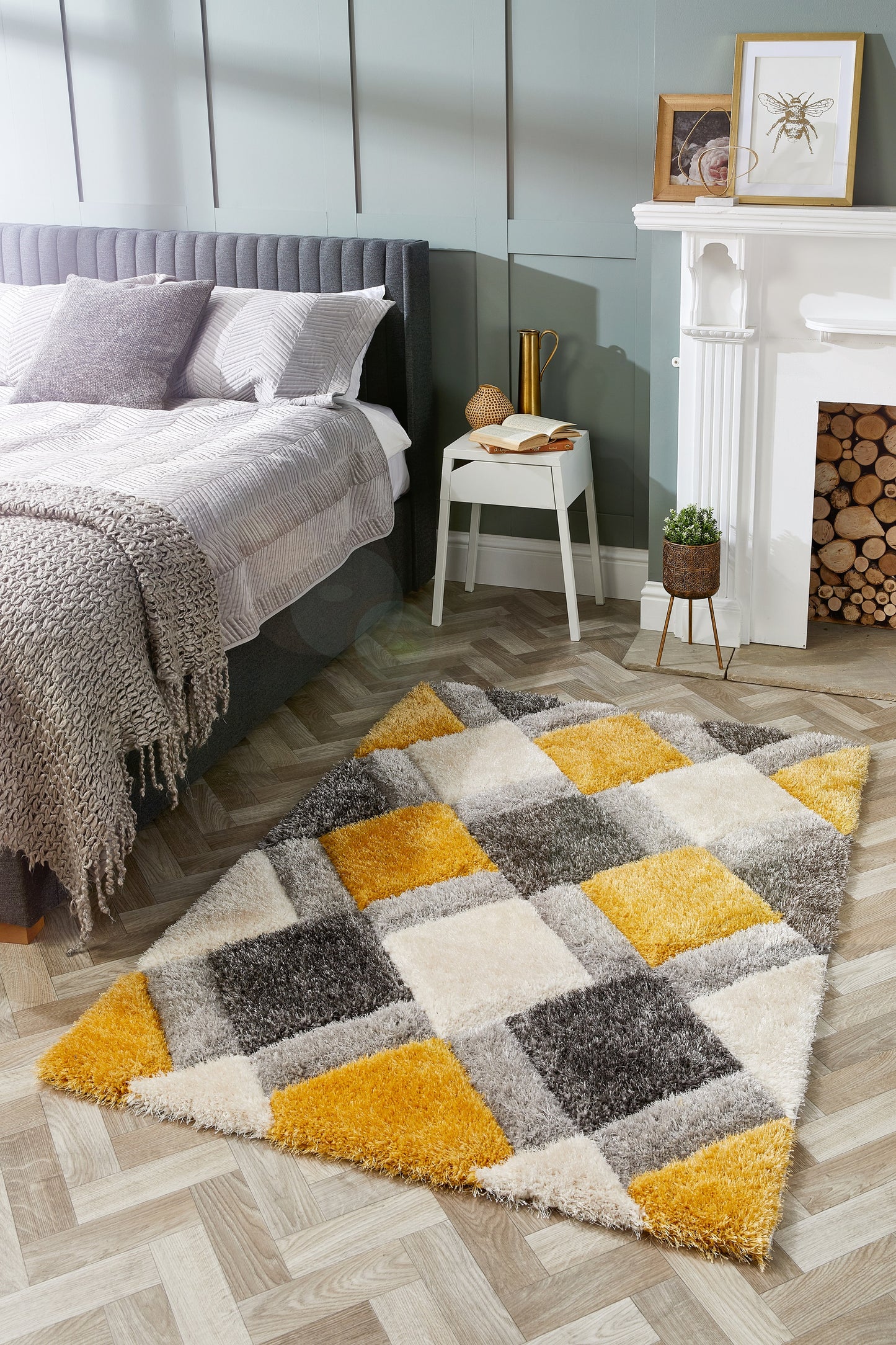 Origins 3D GEO Soft Silky Shaggy Modern Diamond Rug in Ochre Yellow Grey