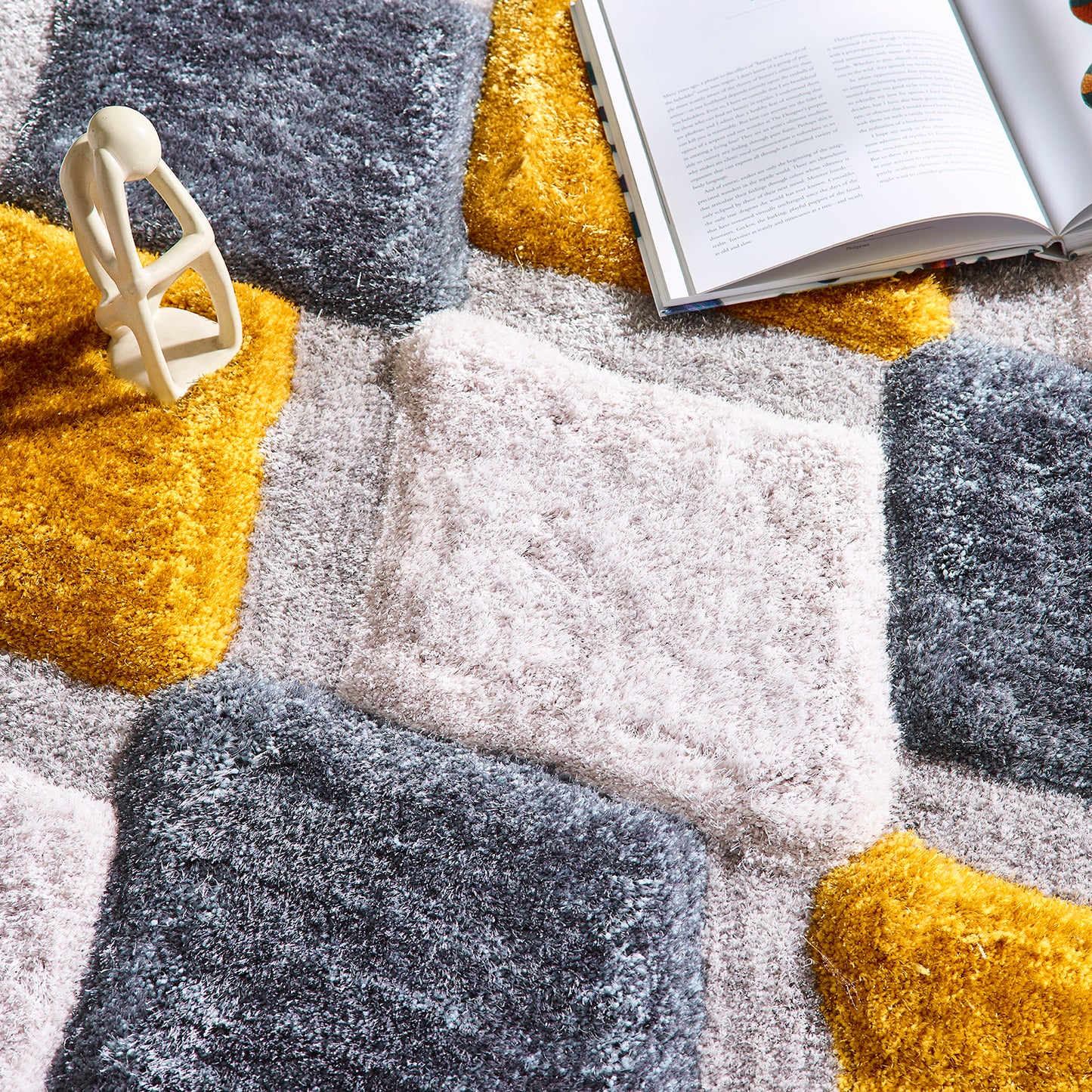 Origins 3D GEO Soft Silky Shaggy Modern Diamond Rug in Ochre Yellow Grey