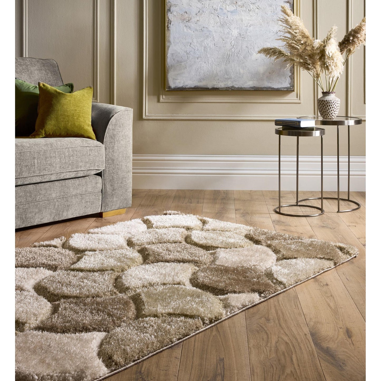 3D-Zottelteppich mit Muschelmuster für Wohnzimmer, Schlafzimmer, weicher, seidiger, flauschiger, dicker Flor, Naturcremebeige
