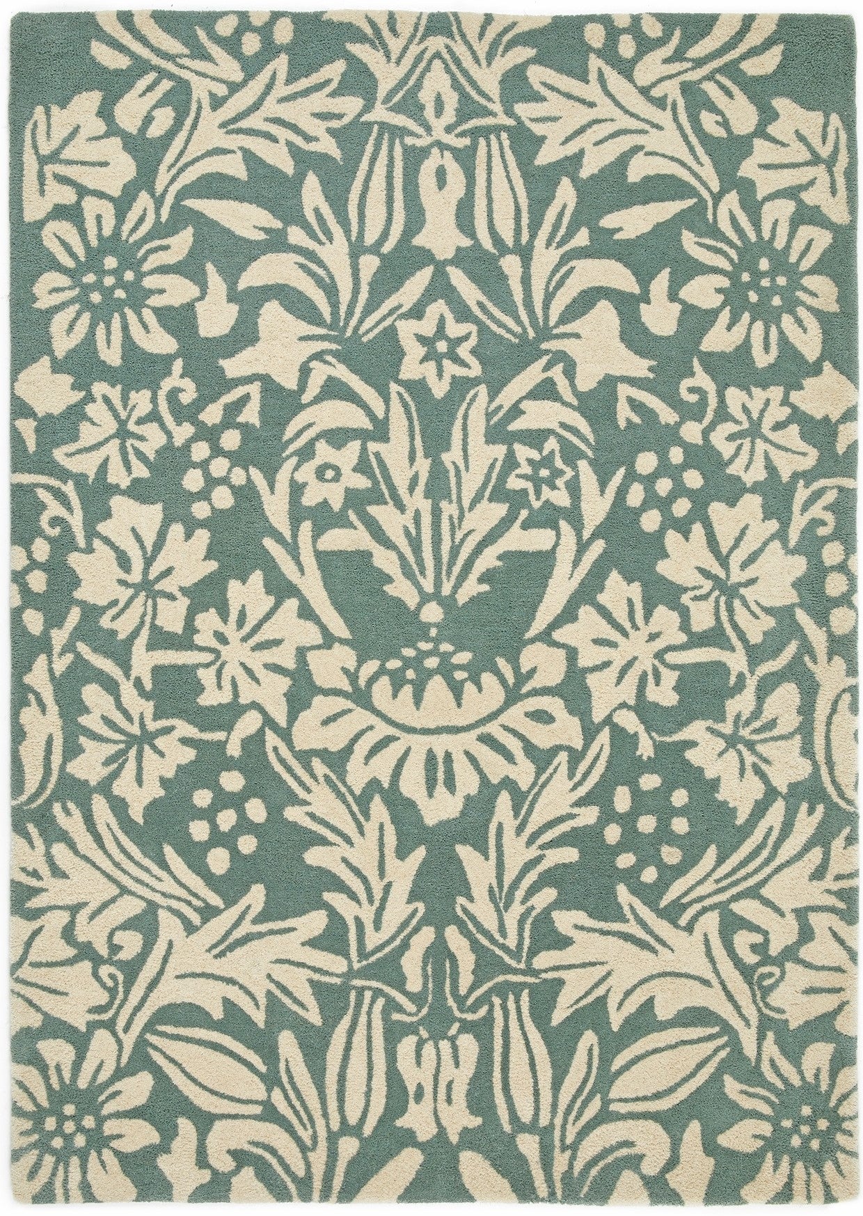 Heritage 1 Floral Pure Wool Damask Hand Tufted Rug in Soft Teal Green