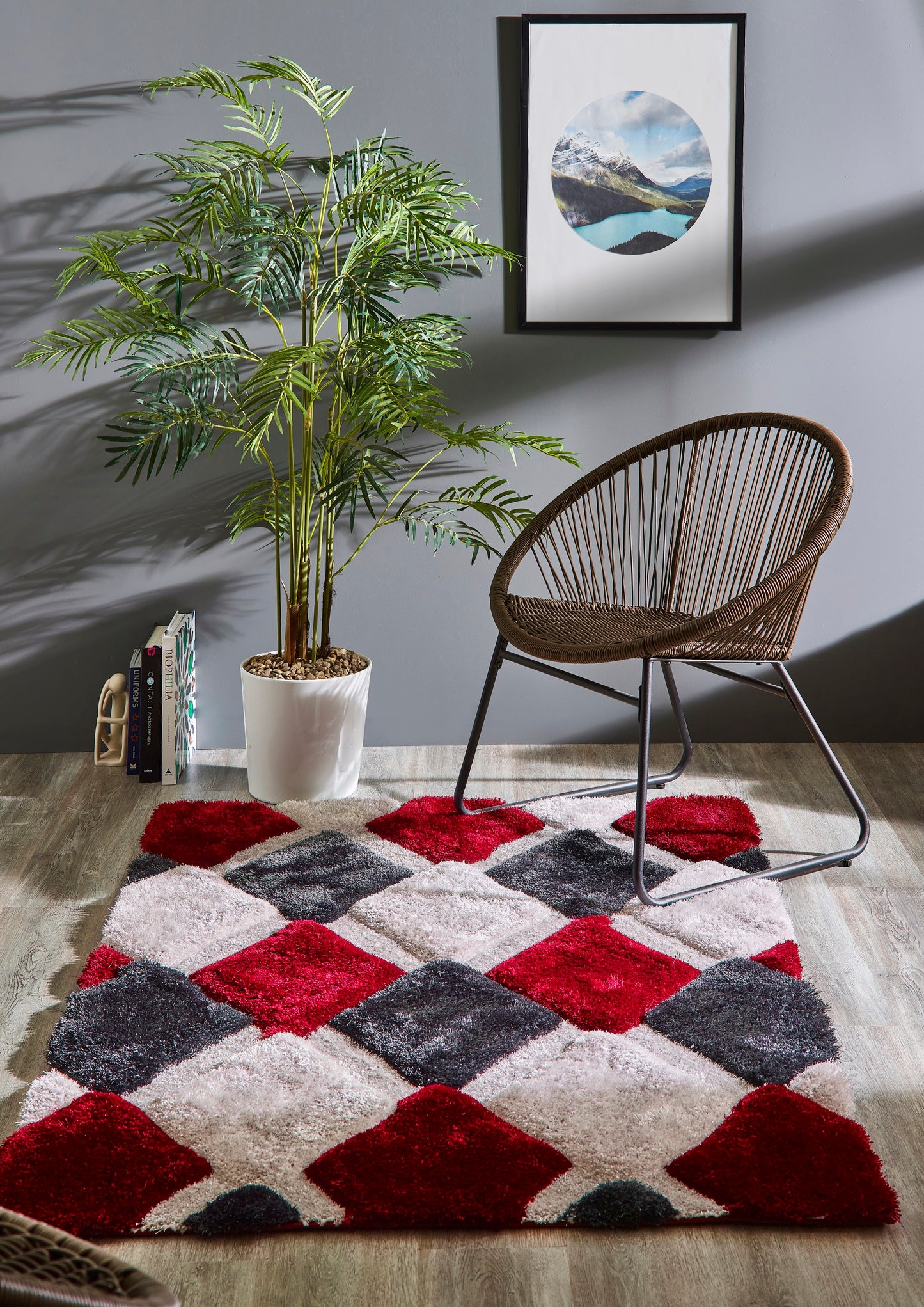 Origins 3D GEO Soft Silky Shaggy Modern Diamond Rug in Red