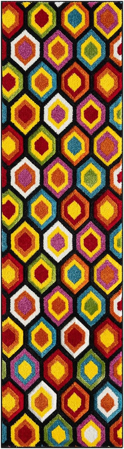 Hand-Carved Geometric Multi-Coloured Rug – Marco Multi – Bold Honeycomb Pattern Rug for Living Room or Bedroom