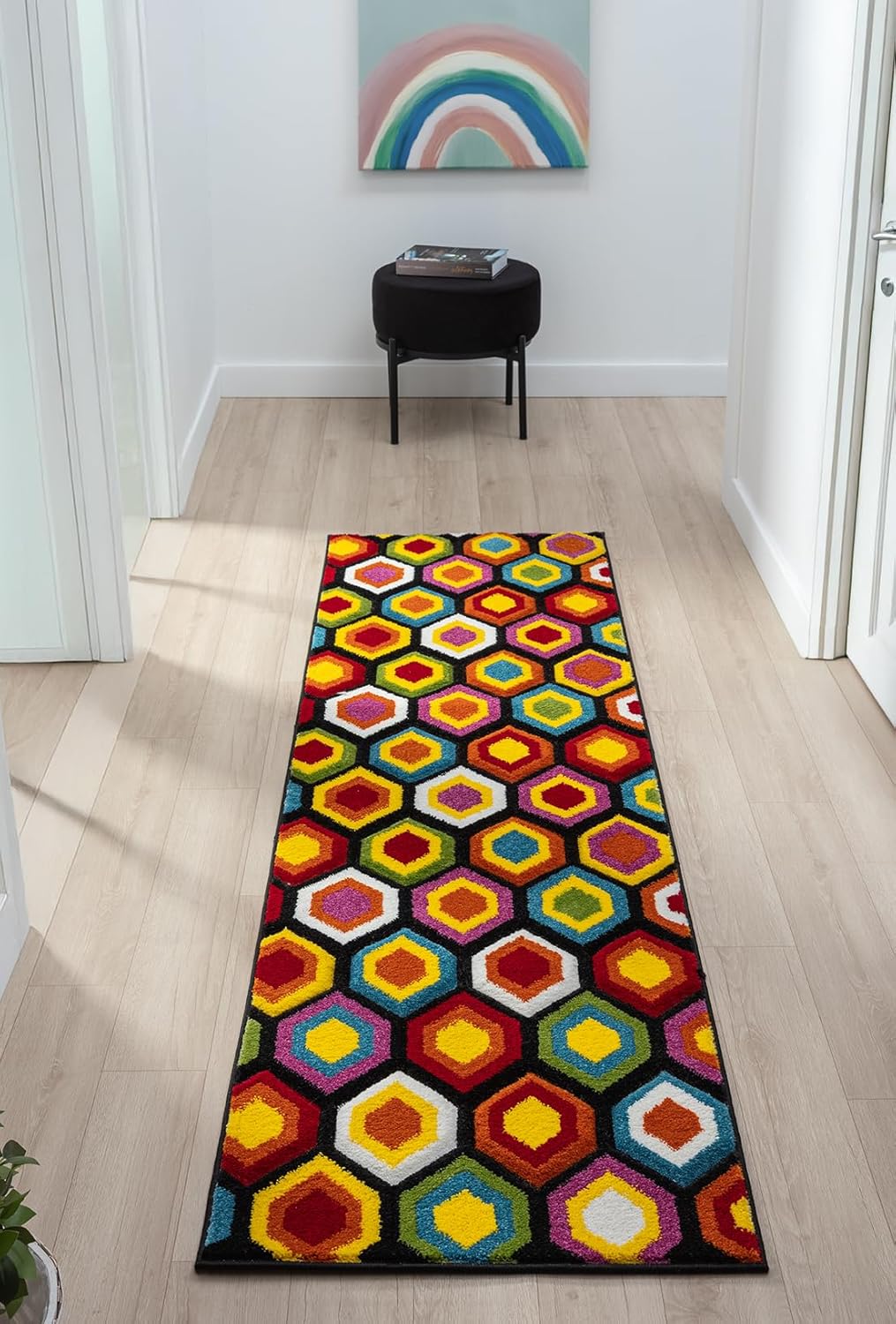 Hand-Carved Geometric Multi-Coloured Rug – Marco Multi – Bold Honeycomb Pattern Rug for Living Room or Bedroom