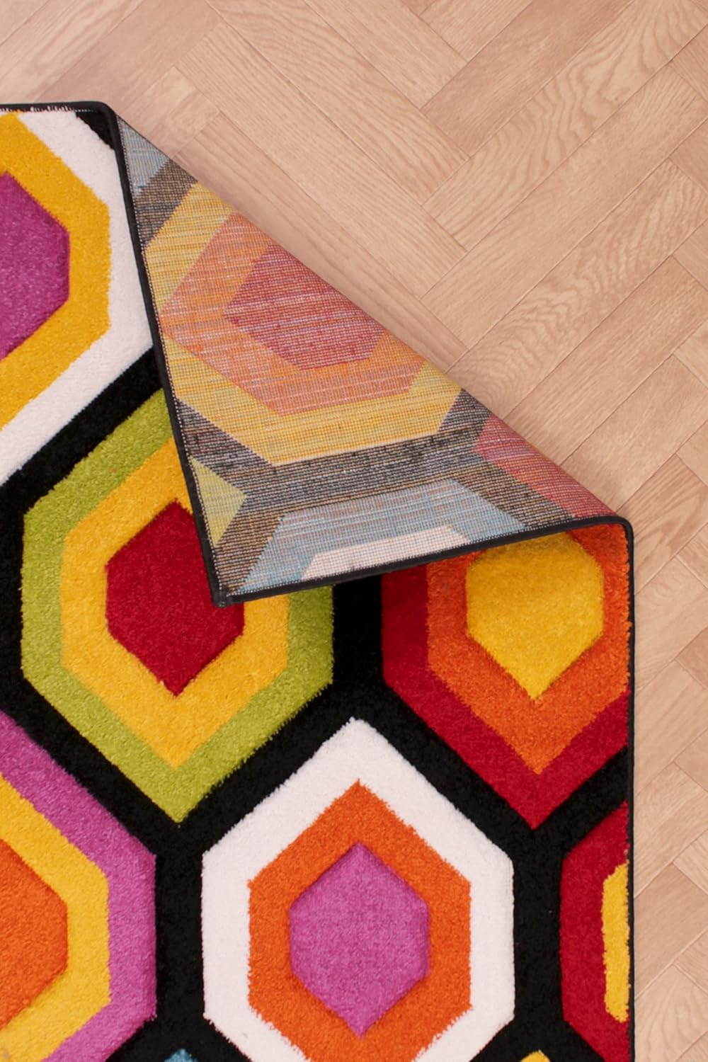 Hand-Carved Geometric Multi-Coloured Rug – Marco Multi – Bold Honeycomb Pattern Rug for Living Room or Bedroom