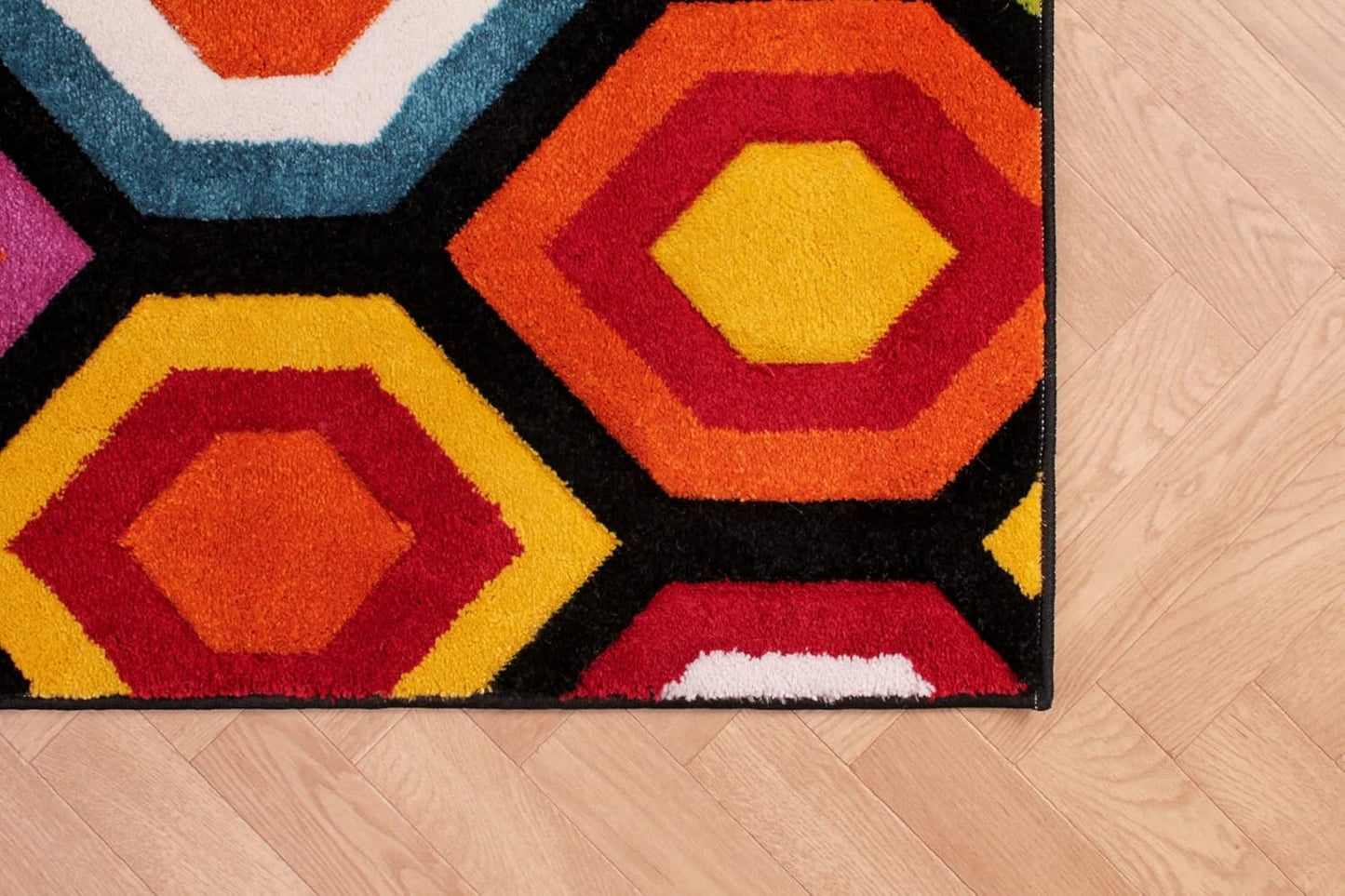 Hand-Carved Geometric Multi-Coloured Rug – Marco Multi – Bold Honeycomb Pattern Rug for Living Room or Bedroom