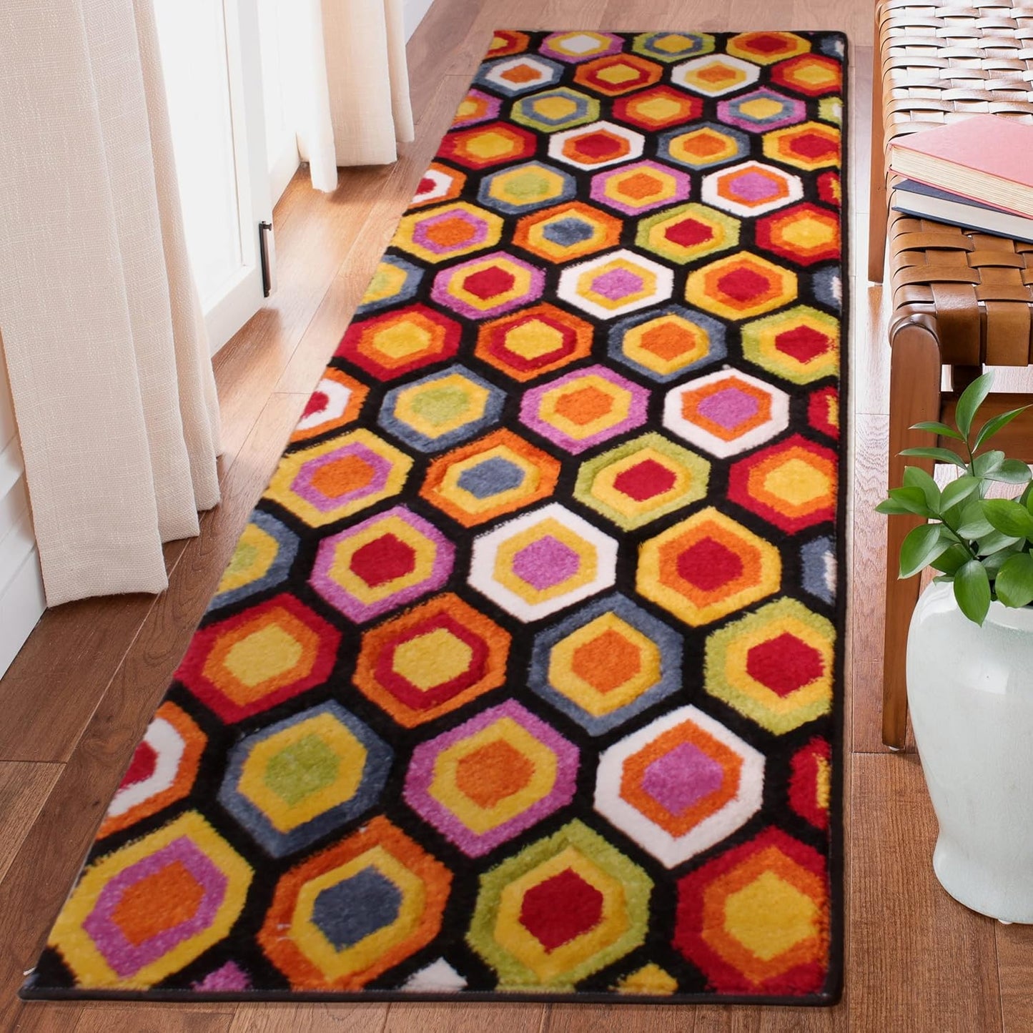Hand-Carved Geometric Multi-Coloured Rug – Marco Multi – Bold Honeycomb Pattern Rug for Living Room or Bedroom