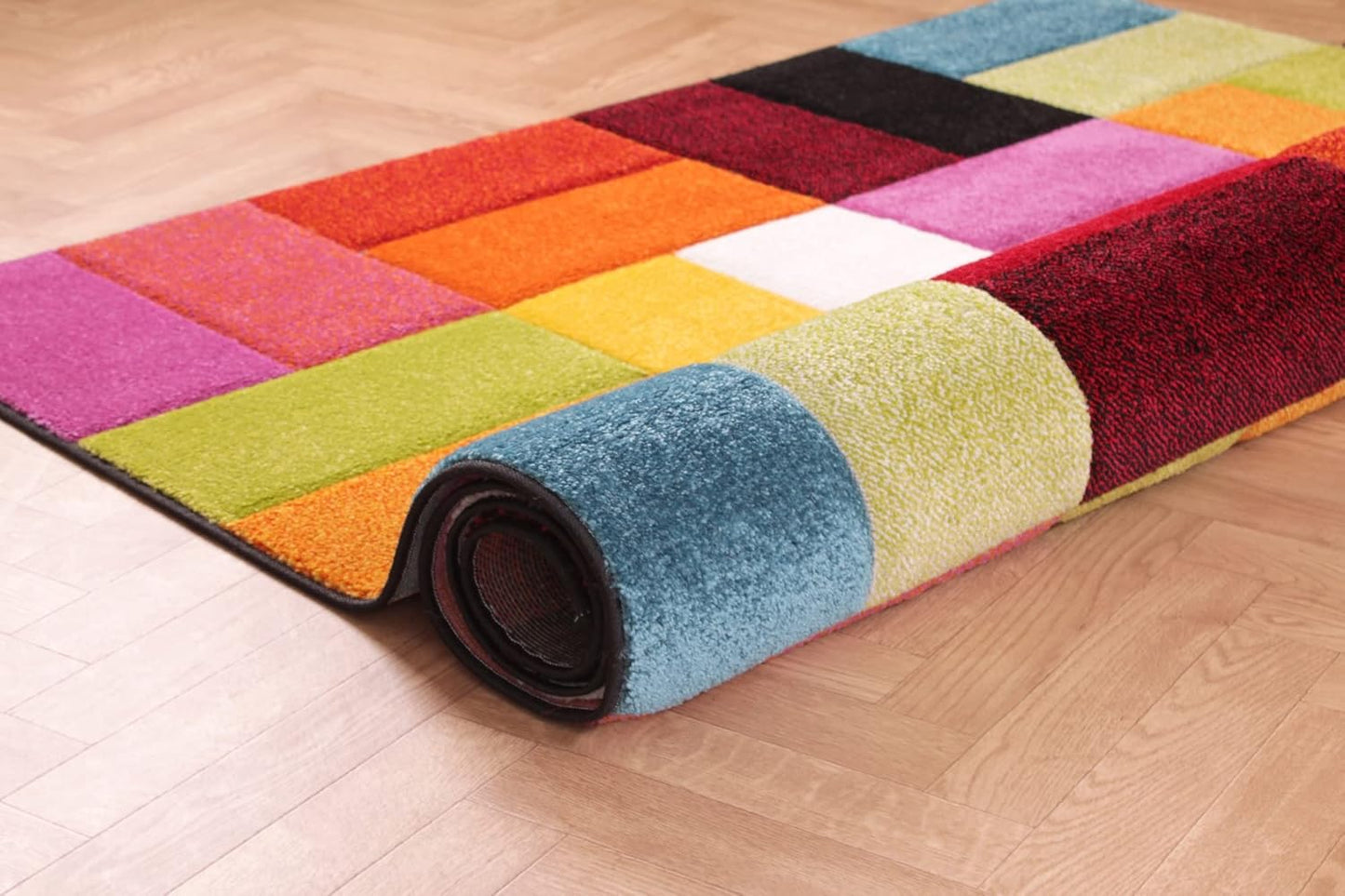 Hand-Carved Geometric Multi-Coloured Rug – Largo Multi – Modern Spectrum Patchwork Design for Living Room or Bedroom