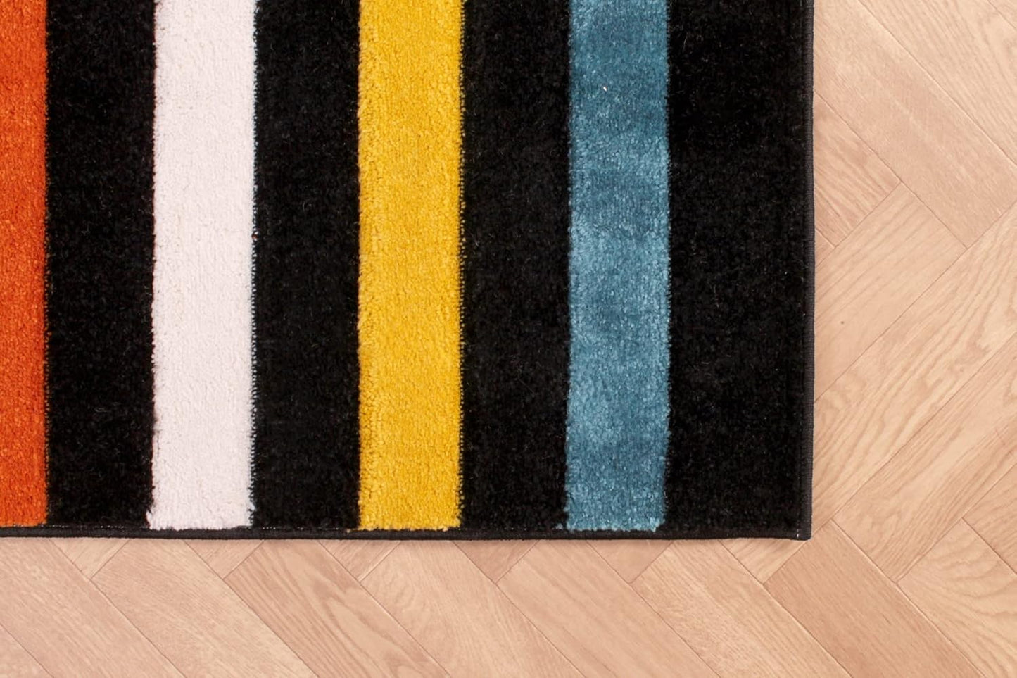 Hand-Carved Geometric Multi-Coloured Rug – Stilo Multi – Vibrant Striped Statement Rug for Living Room or Bedroom