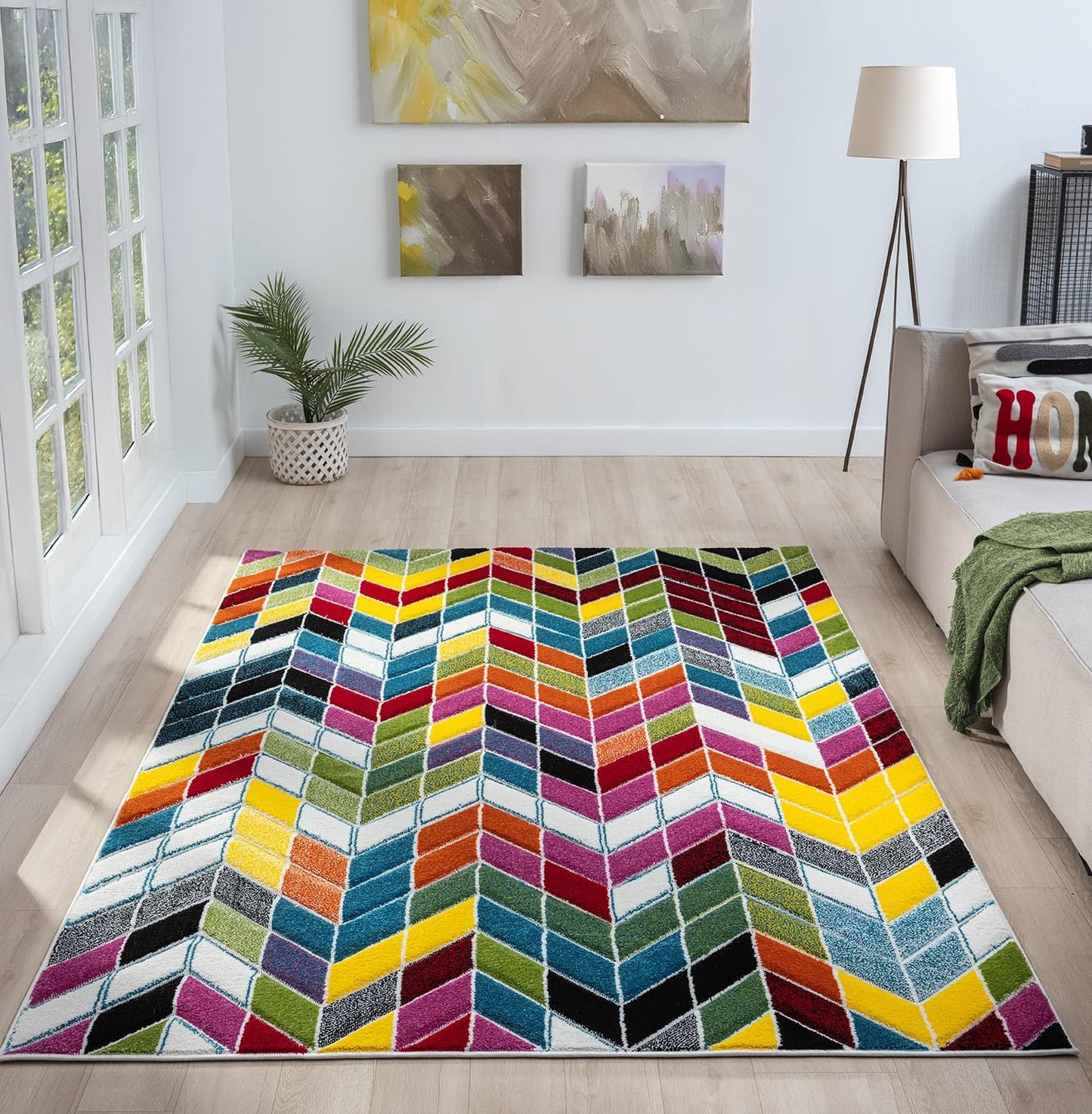 Hand-Carved Geometric Multi-Coloured Rug – Ocala Multi – Contemporary Prism Block Rug for Living Room or Bedroom