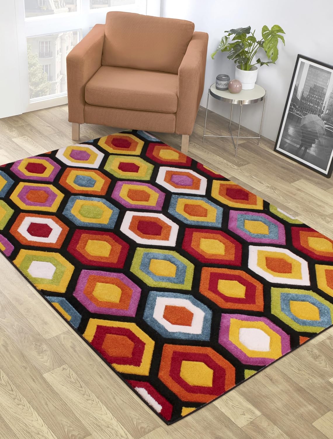 Hand-Carved Geometric Multi-Coloured Rug – Marco Multi – Bold Honeycomb Pattern Rug for Living Room or Bedroom