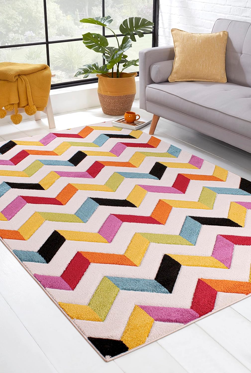 Hand-Carved Geometric Multi-Coloured Rug – Coral Multi – Modern Statement Rug for Living Room