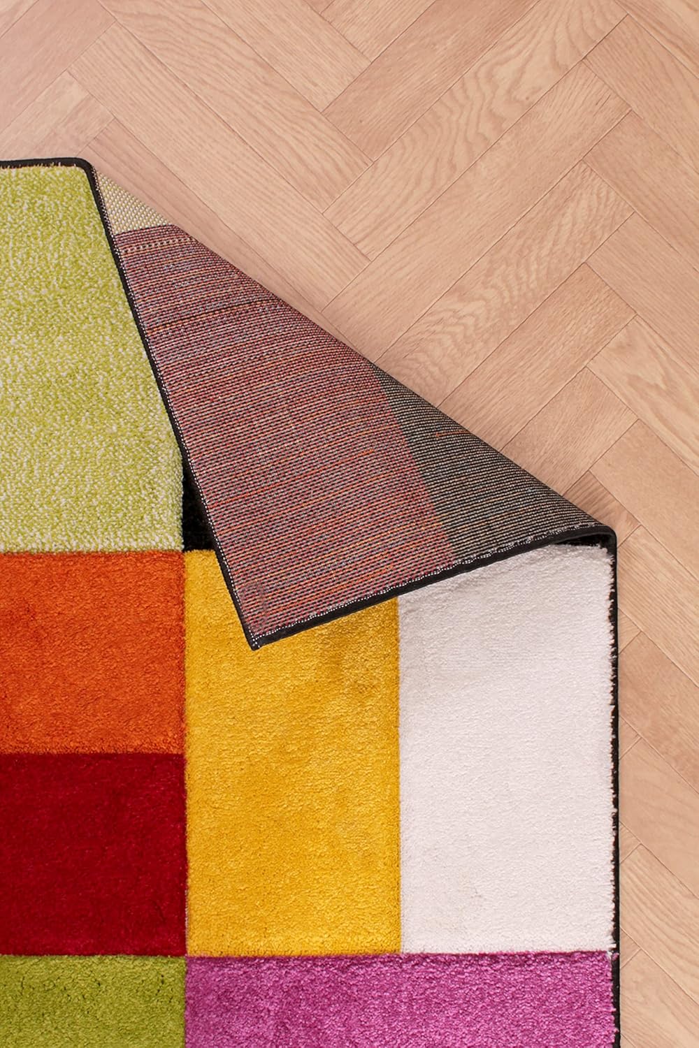 Hand-Carved Geometric Multi-Coloured Rug – Largo Multi – Modern Spectrum Patchwork Design for Living Room or Bedroom