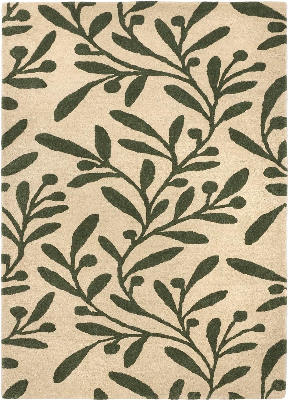 Wollteppich „Trailing Leaf“ – Handgetufteter botanischer Wollteppich in Olivgrün und Beige