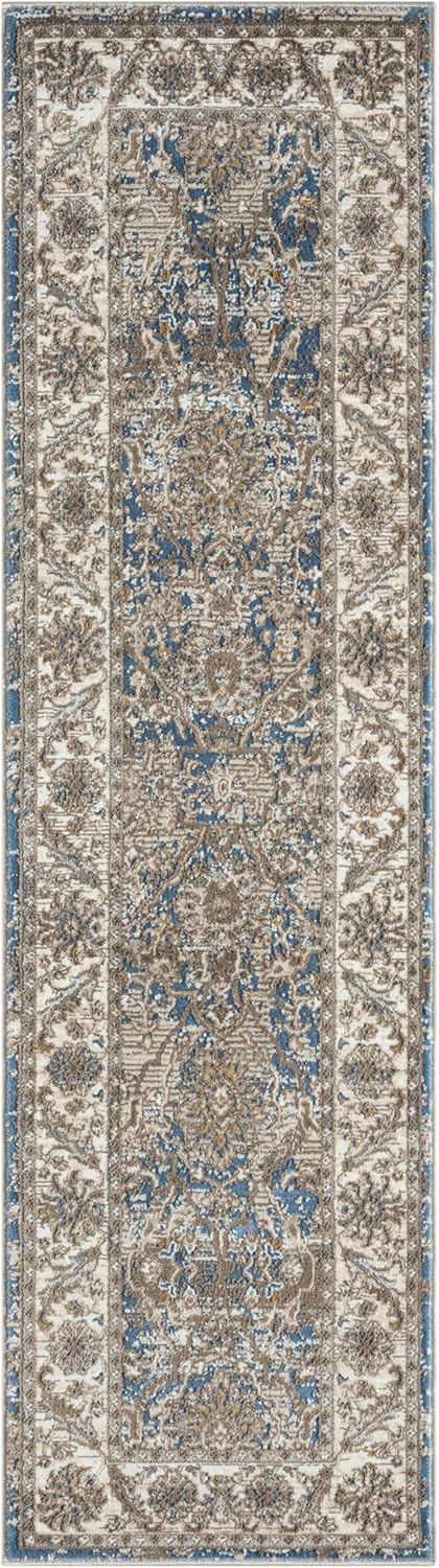 Bordered Blue 553A2 Vintage Runner – Traditional Non-Slip Hallway Carpet (230x66 cm & 300x80 cm)