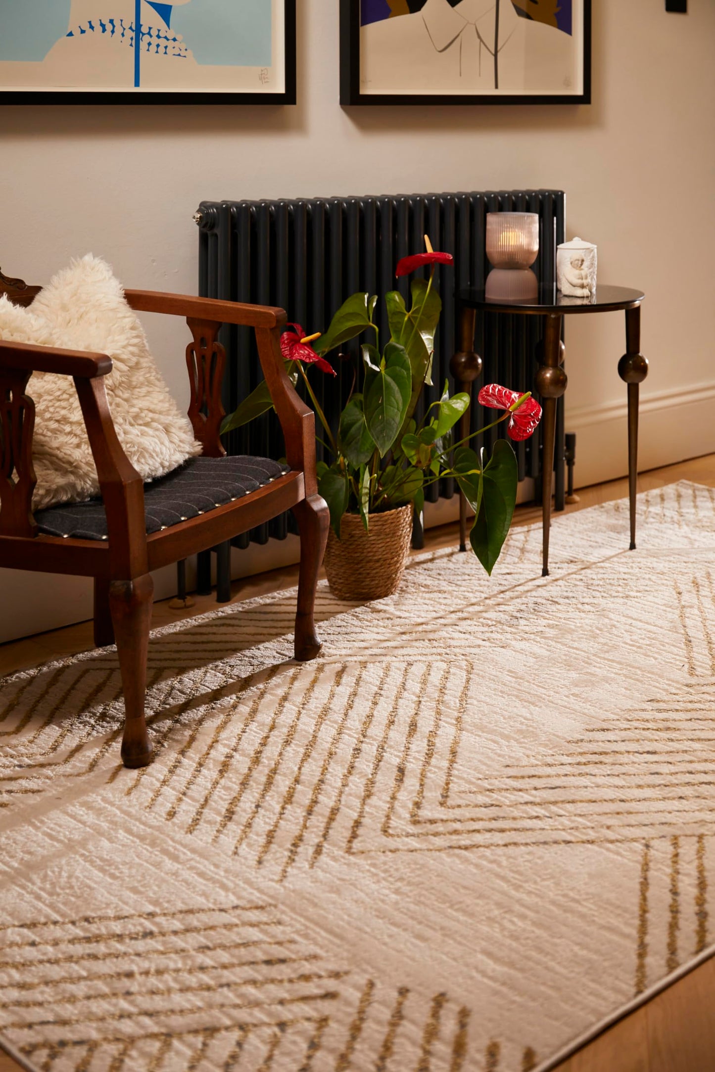 Modern Abstract Rug for Living Room Bedroom Dining Room Chic Geometric Soft Silky Short Pile Gold Ivory White Rug