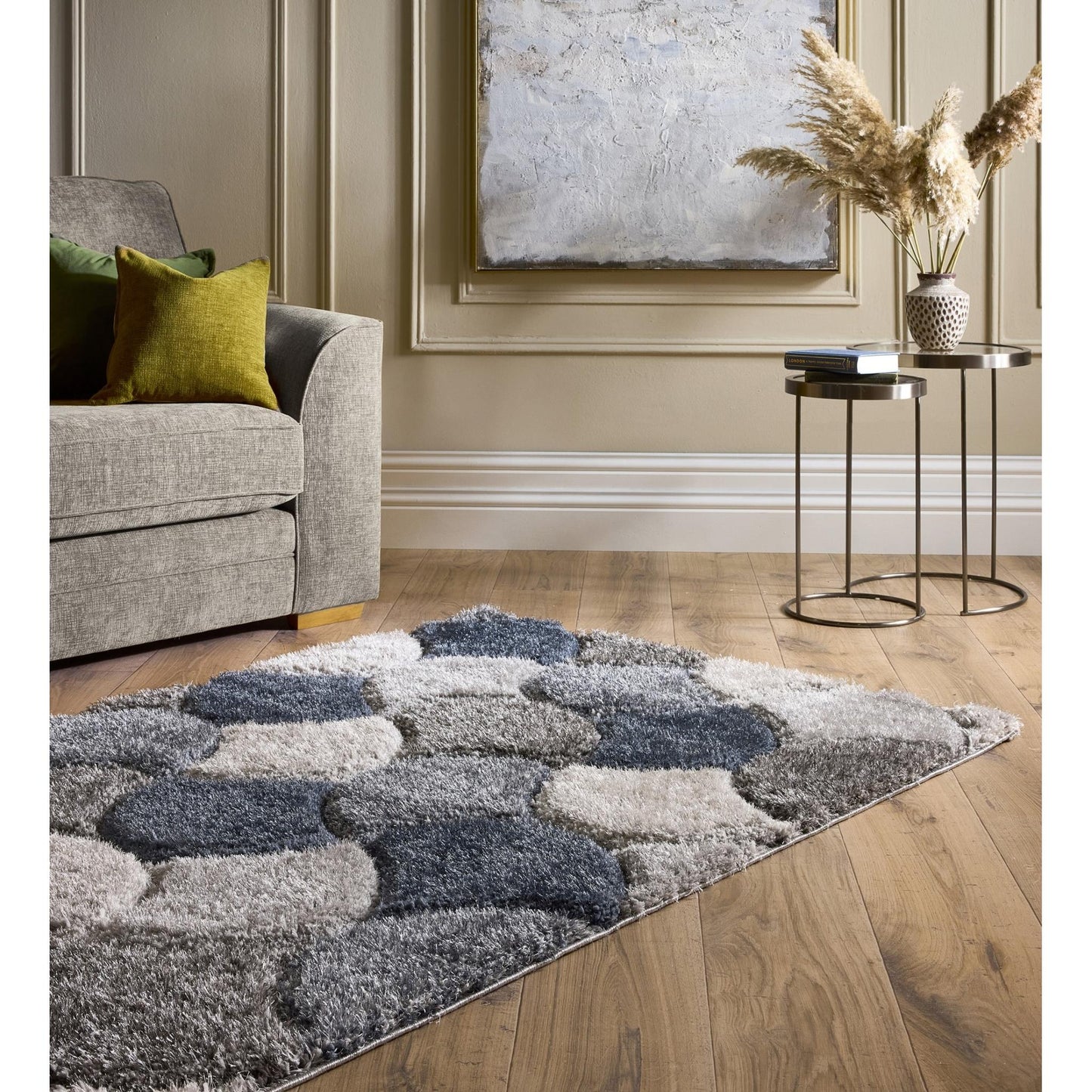3D-Zottelteppich mit Jakobsmuschelmuster für Wohnzimmer, Schlafzimmer, weicher, seidiger, flauschiger, dicker Flor, Marineblau/Grau