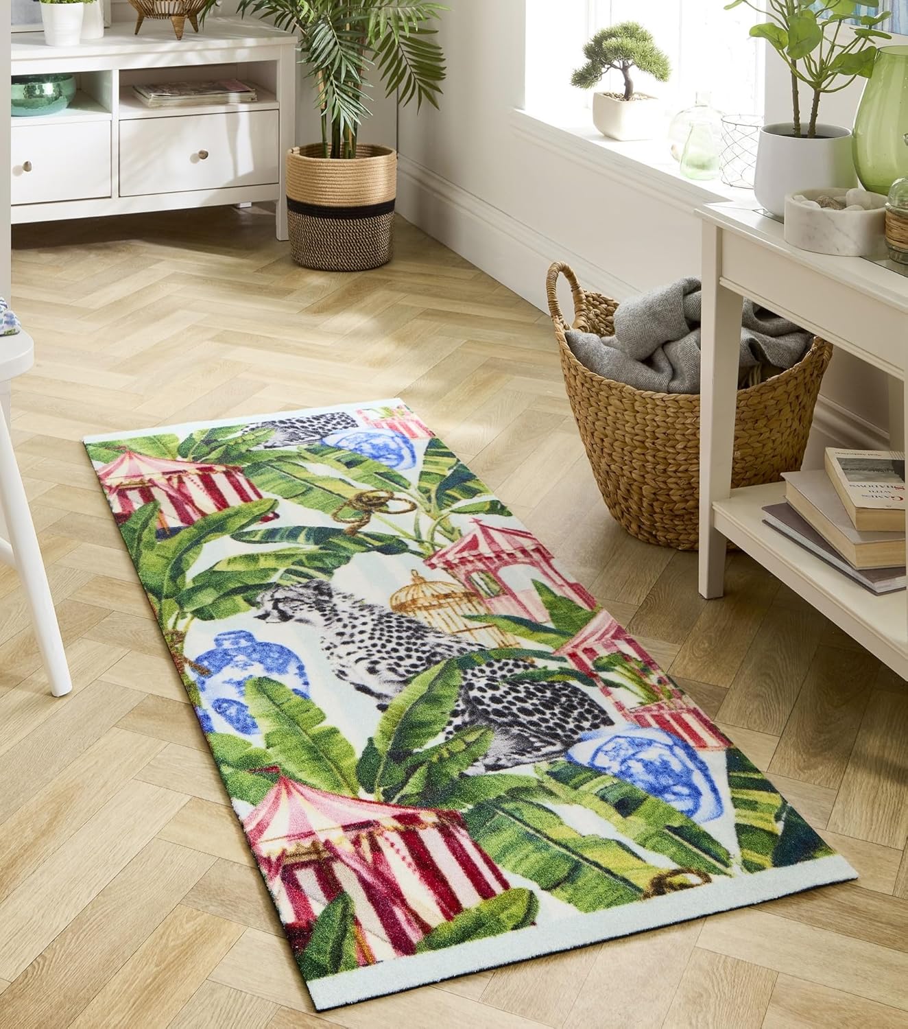 Waschbarer Studio-Tropenteppich, rutschfeste Matte für Küche, Flur, Hauseingang, mehrfarbiger Lux-Sonnenschirm-Teppich in 65 x 150 cm