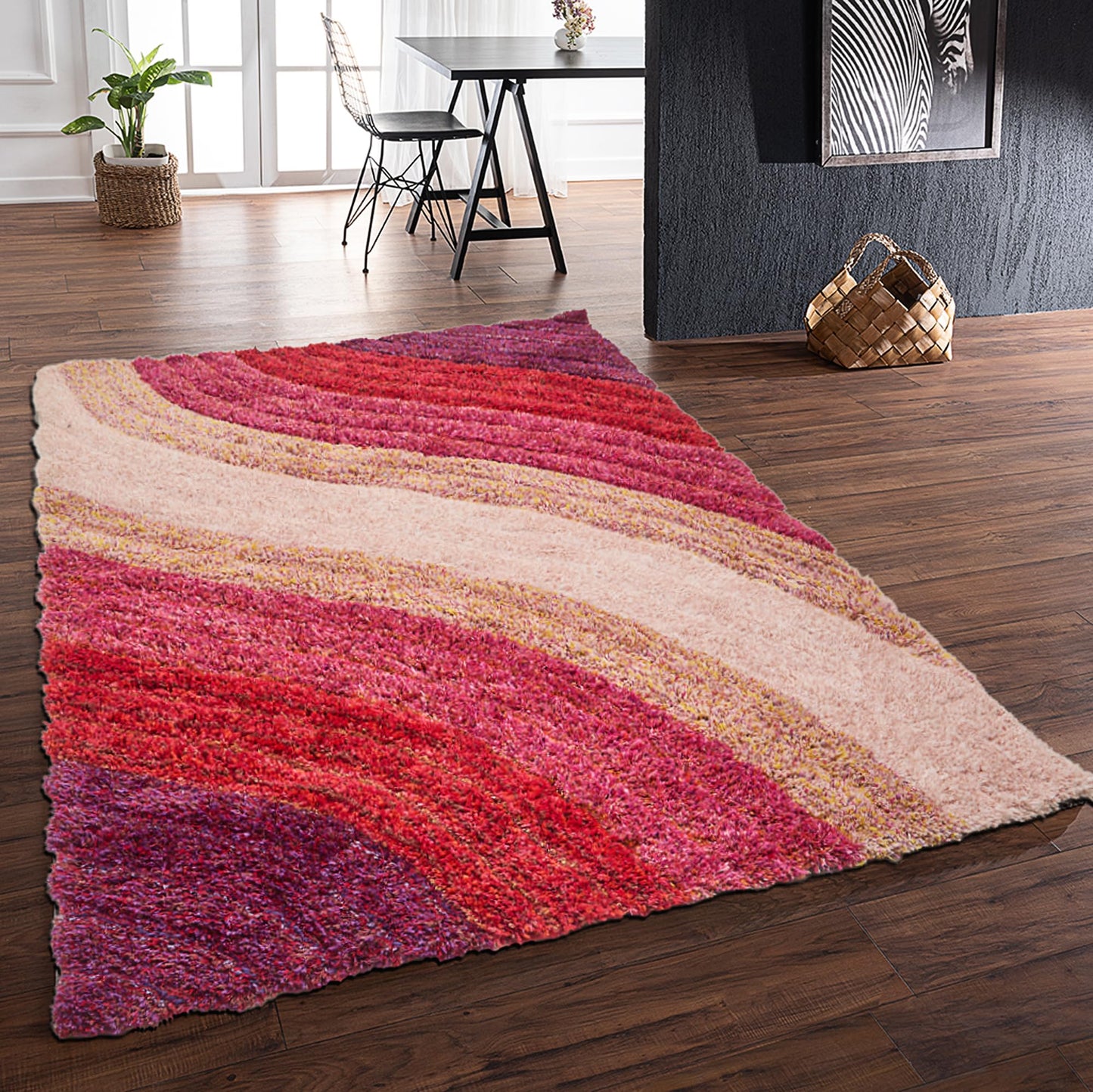Shaggy-Teppich für Wohnzimmer, Schlafzimmer, Esszimmer, weicher Plüsch, flauschig, seidig, für den Bodenbereich, Lena, Wellenmuster, 3D-Shaggy-Teppich in großer Größe, 160 x 230 cm (5'3" x 7'7")