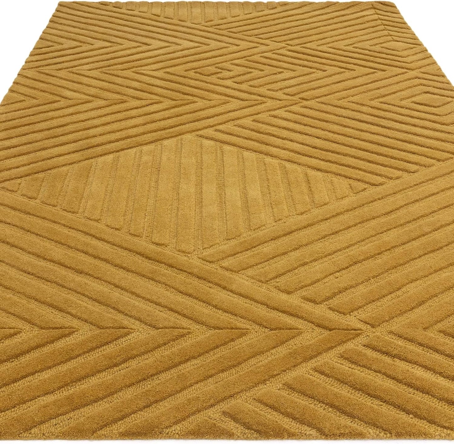 Hague Hand Made Wool Rug for Bedroom Dining Living Room Geometric Lines Tufted Modern Classic Soft Luxury Rug Ochre Yellow