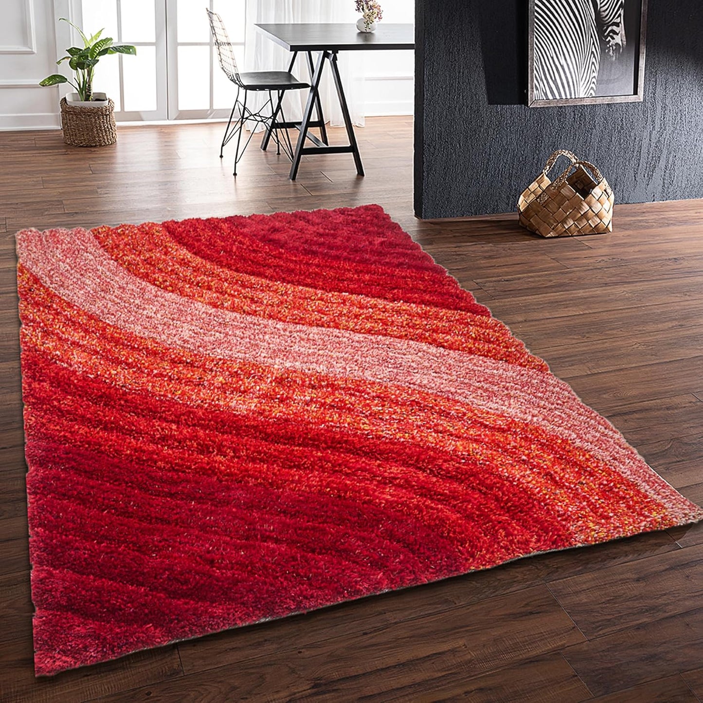 Lena Wave 3D Shaggy Rug – Red – 160x230 cm Soft Plush High Pile Carpet