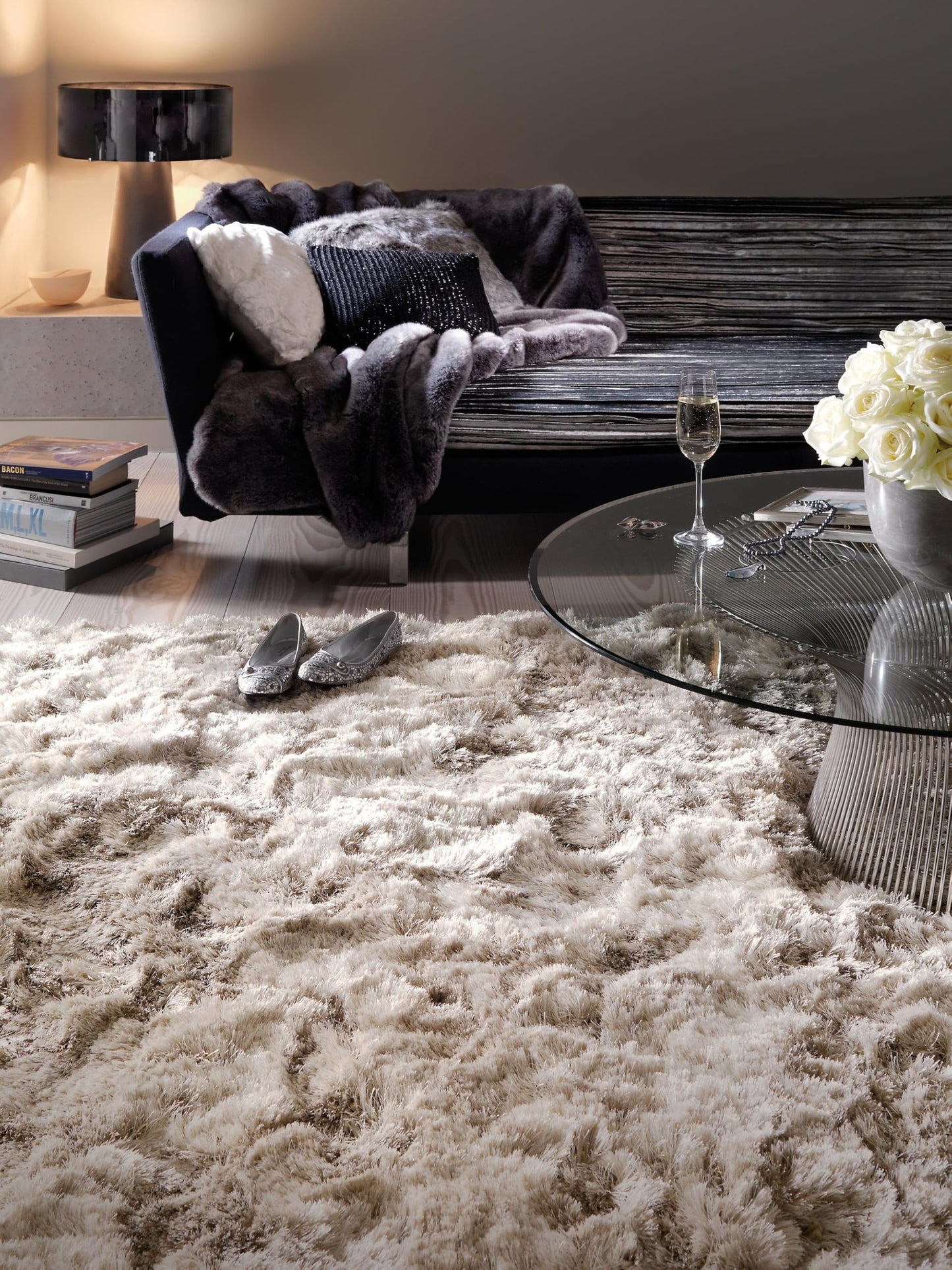 Plüschiger Shaggy-Teppich für Wohnzimmer und Schlafzimmer, Hochflor, dick, flauschig, handgefertigt, fusselfrei, seidig, schimmernd, glänzend, einfarbig, Hochflor-Teppich