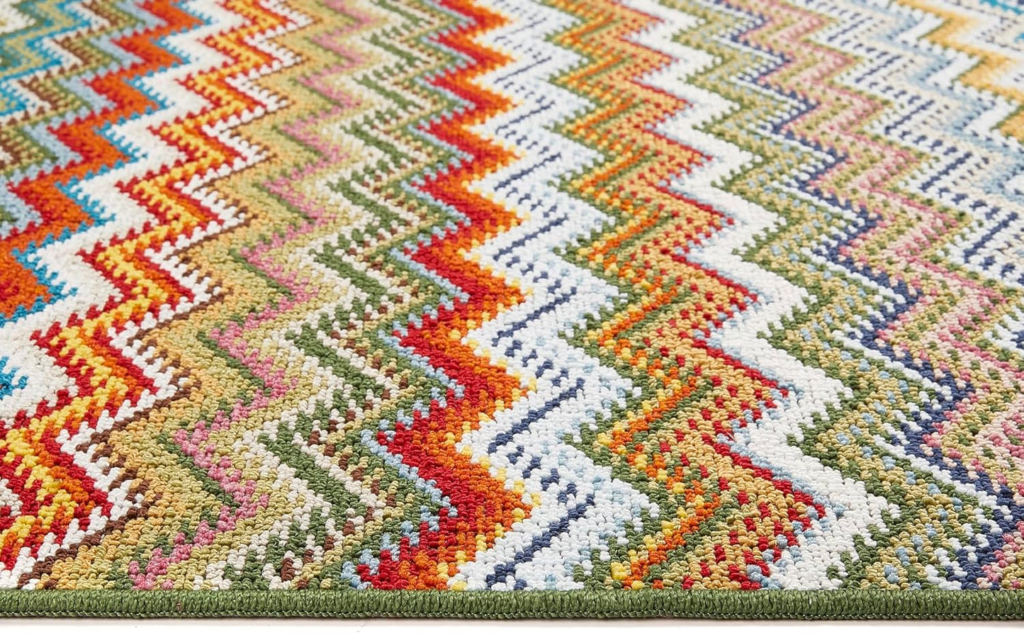 Waschbarer Läuferteppich für Eingangsbereich, Hauseingang, Küche, Flurtür. Lebendiger, mehrfarbiger, rutschfester, langlebiger, schmutzabweisender Flurteppich in Zickzack-Optik, mehrfarbig, Grün
