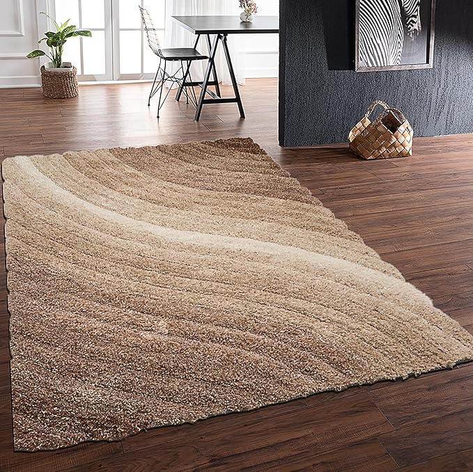 Lena Wave 3D Shaggy Rug – Mocha – 160x230 cm Soft Plush High Pile Carpet