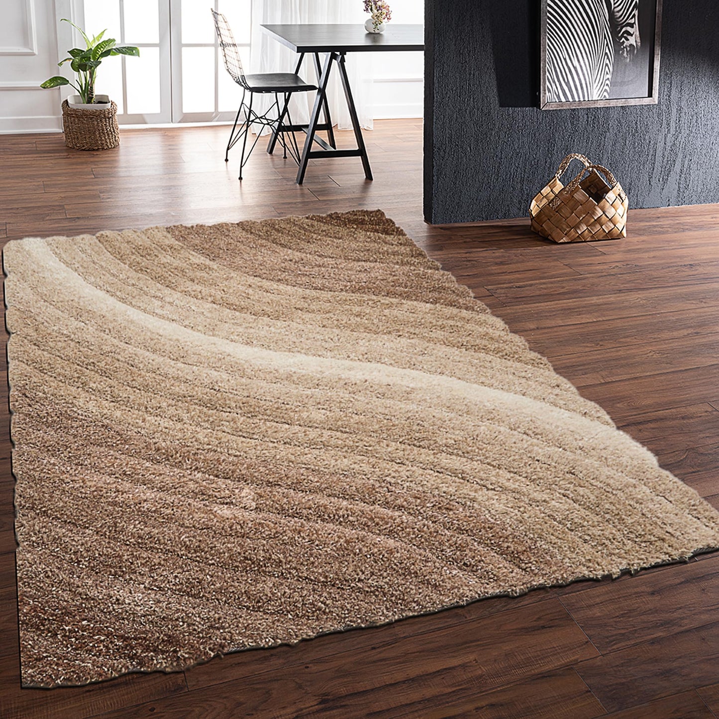 Shaggy-Teppich für Wohnzimmer, Schlafzimmer, Esszimmer, weicher Plüsch, flauschig, seidig, für den Bodenbereich, Lena, Wellenmuster, 3D-Shaggy-Teppich in großer Größe, 160 x 230 cm (5'3" x 7'7")