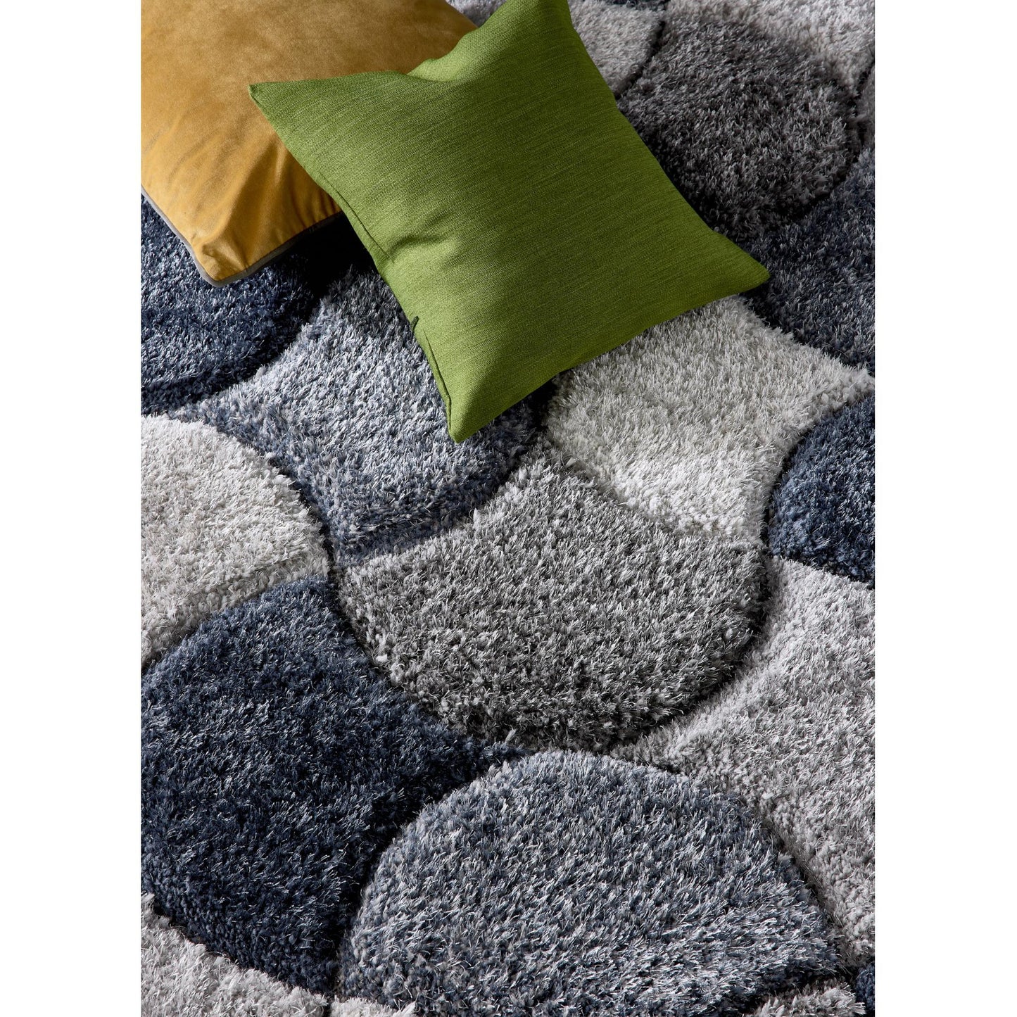 3D-Zottelteppich mit Jakobsmuschelmuster für Wohnzimmer, Schlafzimmer, weicher, seidiger, flauschiger, dicker Flor, Marineblau/Grau
