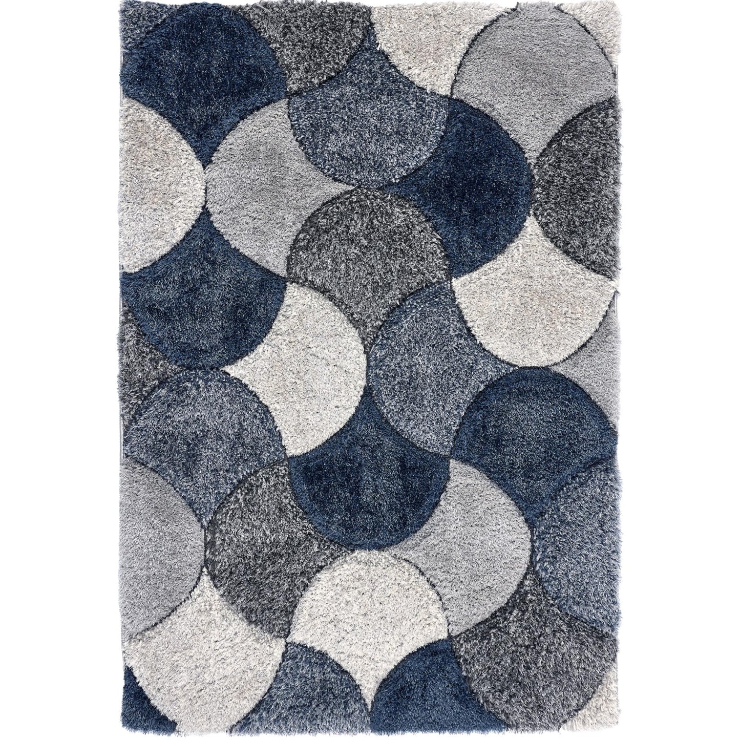 3D-Zottelteppich mit Jakobsmuschelmuster für Wohnzimmer, Schlafzimmer, weicher, seidiger, flauschiger, dicker Flor, Marineblau/Grau