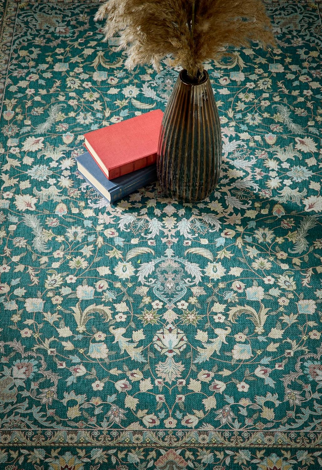 Waschbarer Teppich Windsor in Smaragdgrün – Traditioneller rutschfester Vintage-Teppich