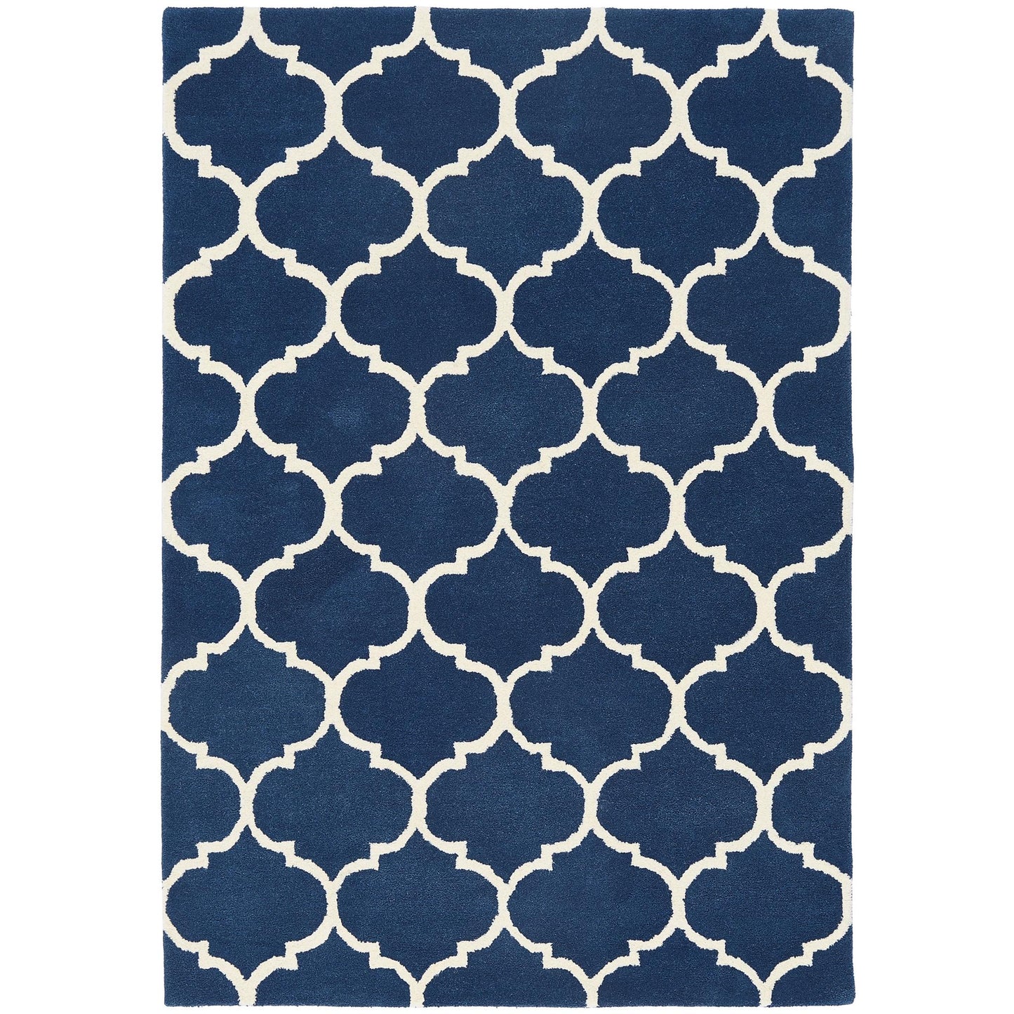 Albany Ogee Traditional Morroccan Trellis Design Hand Tufted Wool Blue Rug in Extra Large Size 200x290 cm (6'7''x9'6'')