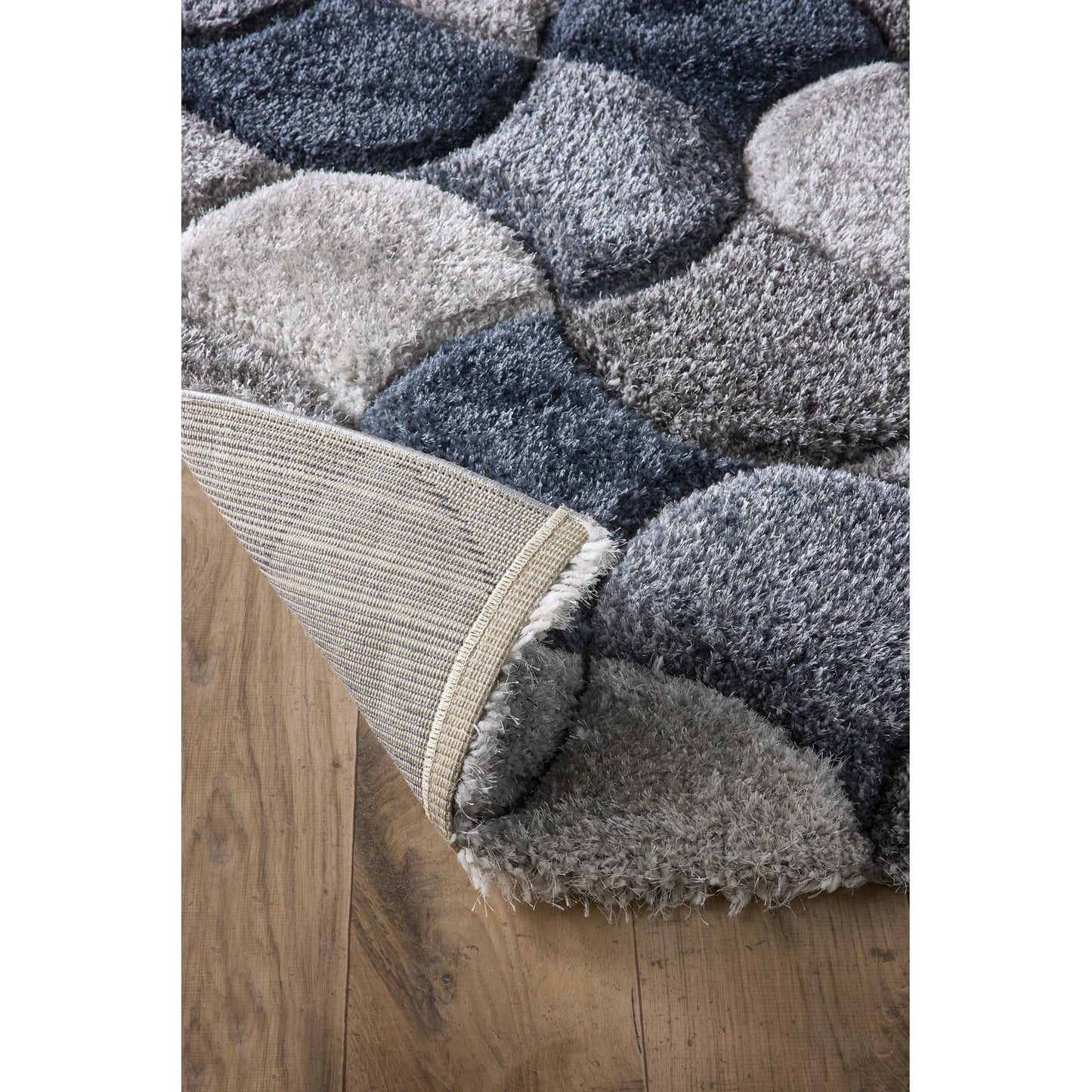 3D-Zottelteppich mit Jakobsmuschelmuster für Wohnzimmer, Schlafzimmer, weicher, seidiger, flauschiger, dicker Flor, Marineblau/Grau