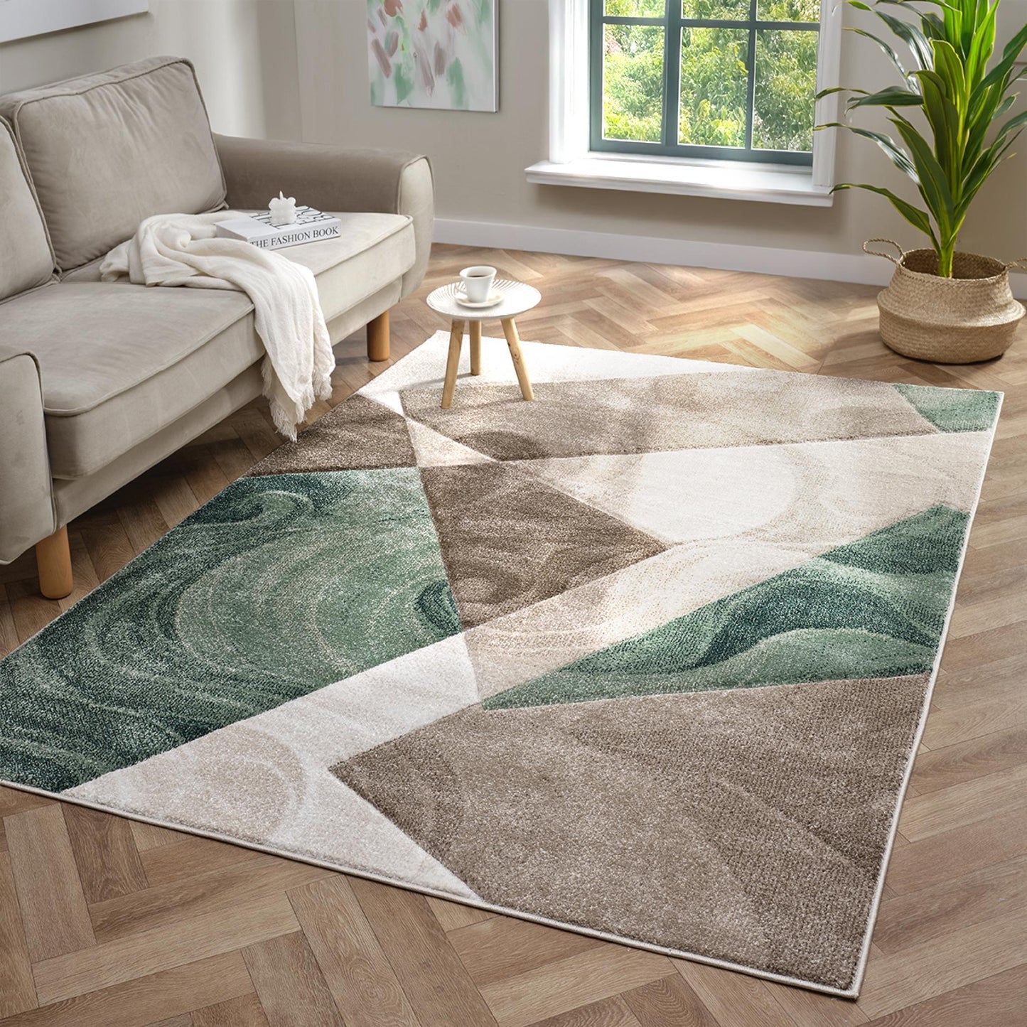 Orbit Runar Geometric 3D Carved Beige Green Rug – Modern Soft Textured Polyester Carpet for Living Room, Bedroom, and Hallway