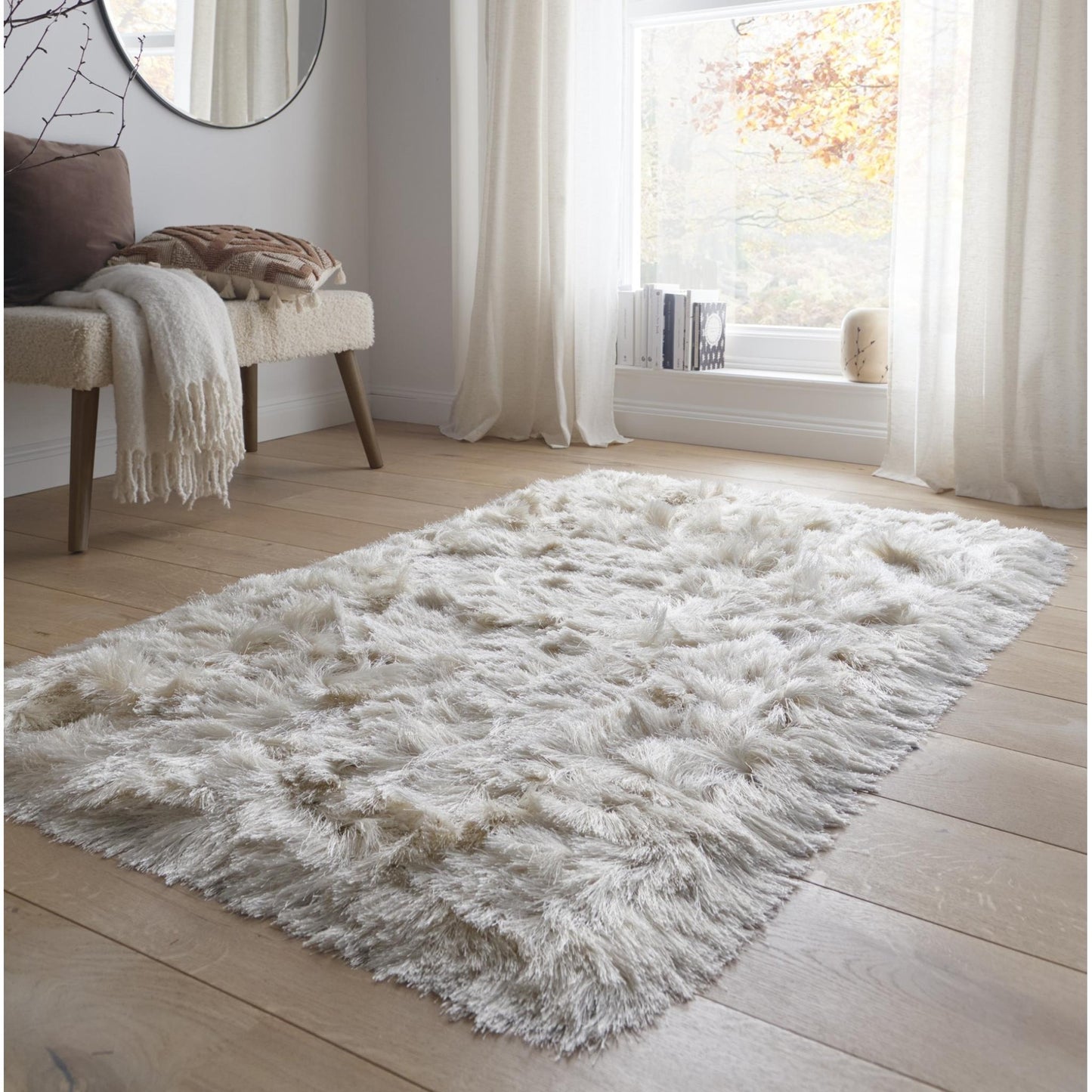 High Pile Shaggy Rug for Living Room Bedroom Modern Glamour Silky Shag Carpet – Ivory