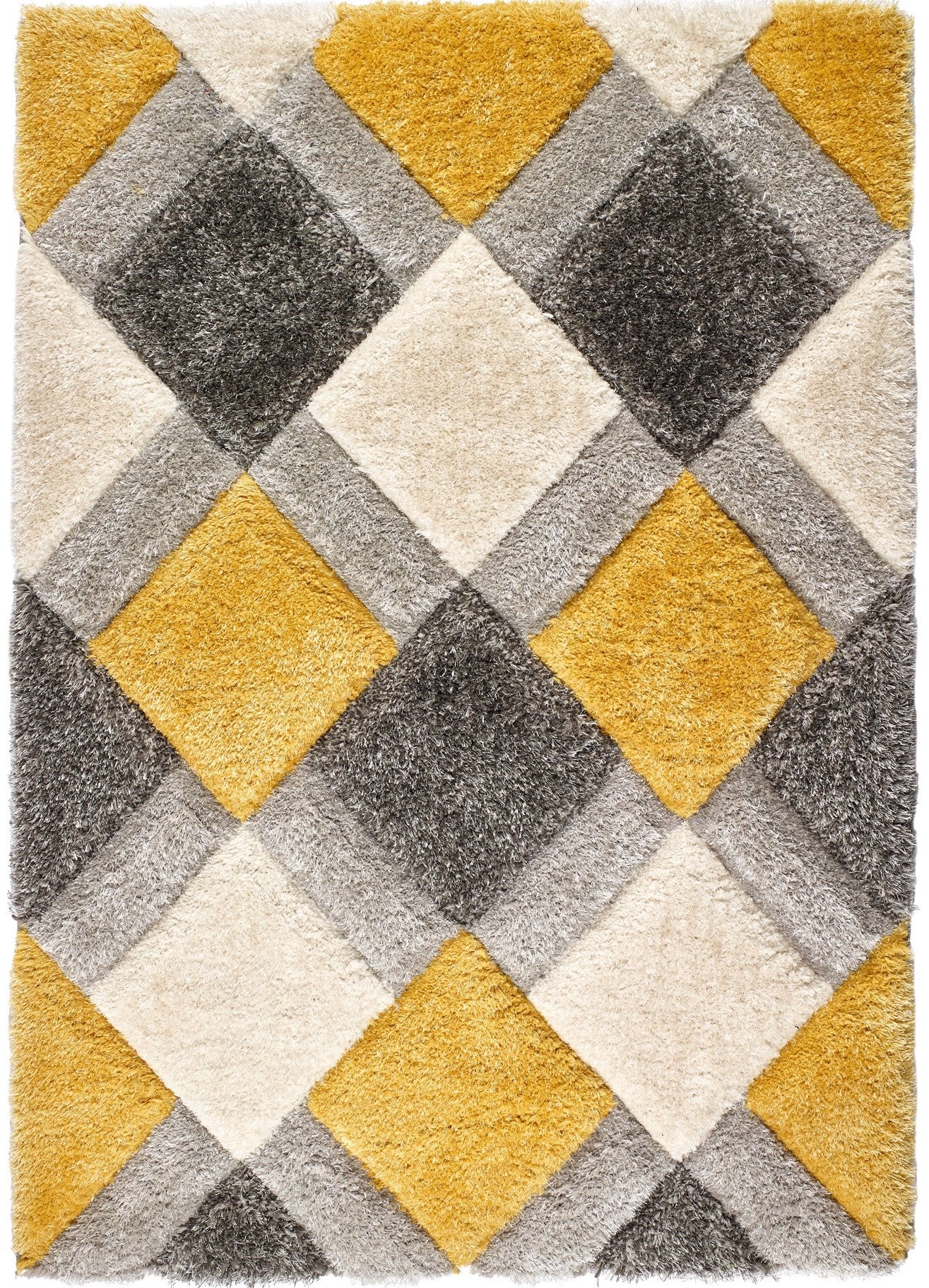 Origins 3D GEO Soft Silky Shaggy Modern Diamond Rug in Ochre Yellow Grey