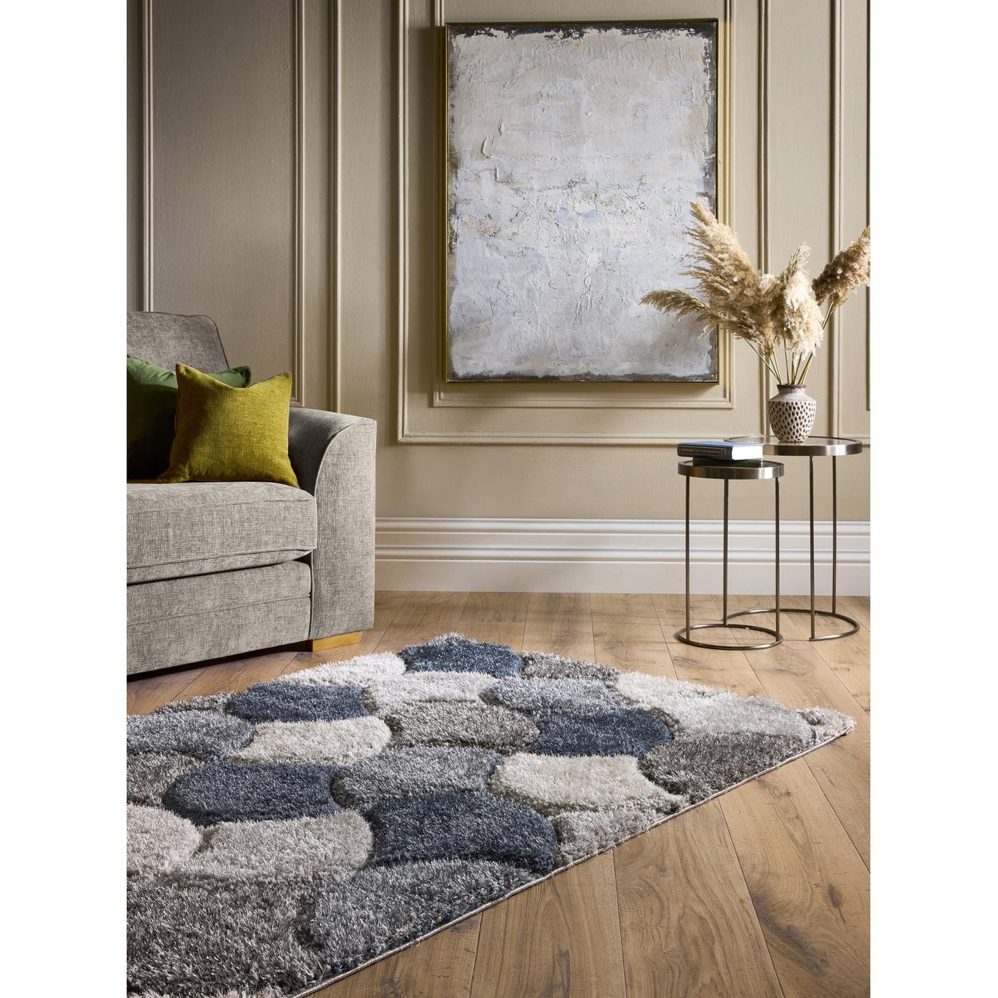 3D-Zottelteppich mit Jakobsmuschelmuster für Wohnzimmer, Schlafzimmer, weicher, seidiger, flauschiger, dicker Flor, Marineblau/Grau