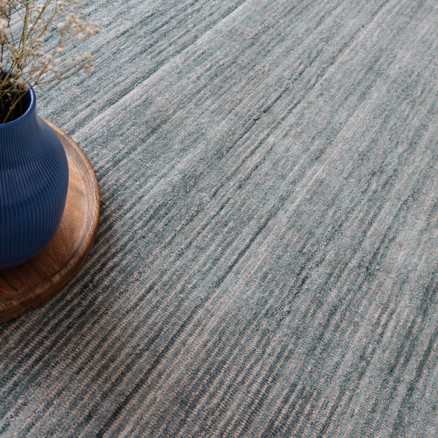 Hazy Sea Blue Handwoven Rug – Tip-Sheared Finish Soft Wool Blend Plain Striped Carpet for Modern Interiors