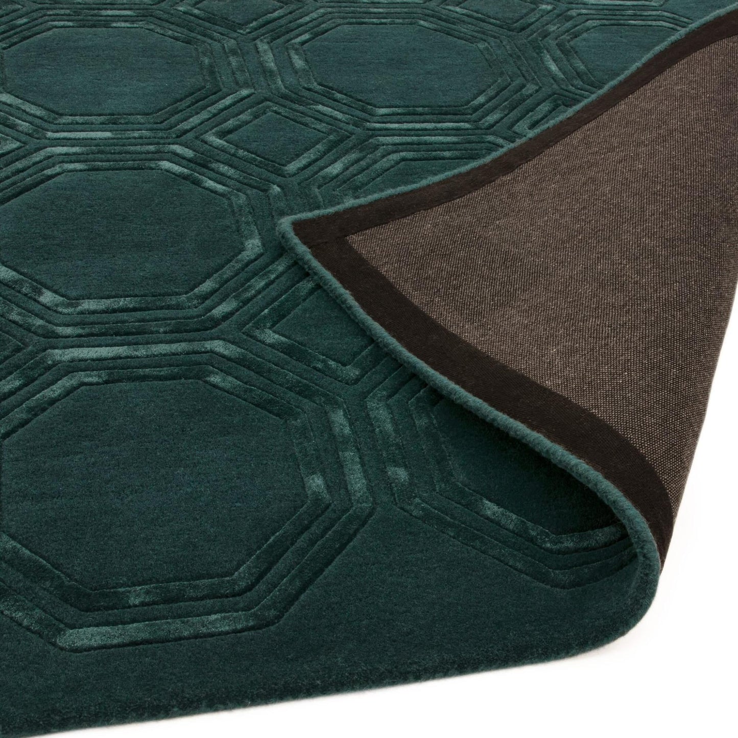 Nexus Octagon Petrol Teal Wool Viscose Hand-Carved Geometric Rug