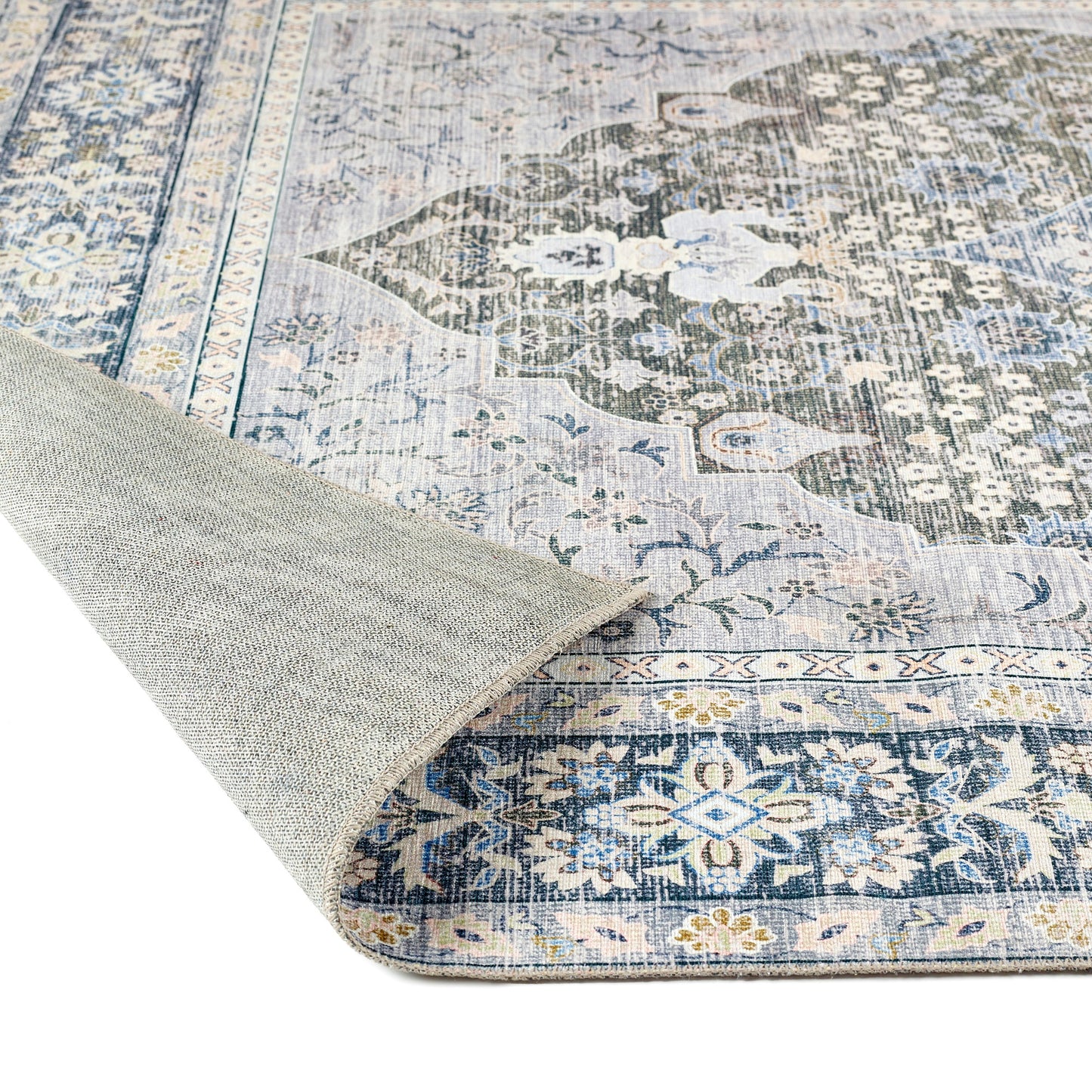 Origins – Waschbarer Oakham Traditional Medallion Weicher Chenille-Teppich in Blaugrün und Grau
