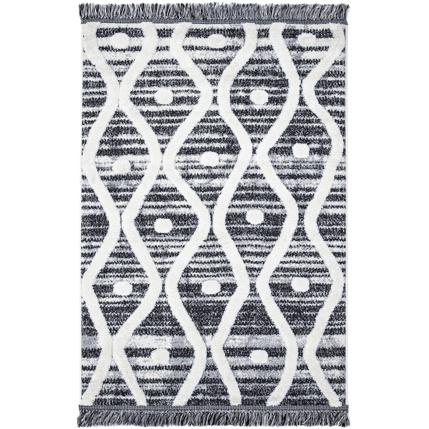 Skandi Boho Teppich für Wohnzimmer, Esszimmer, Schlafzimmer, traditioneller Bohemian-Teppich mit Fransen, Creme/Anthrazit