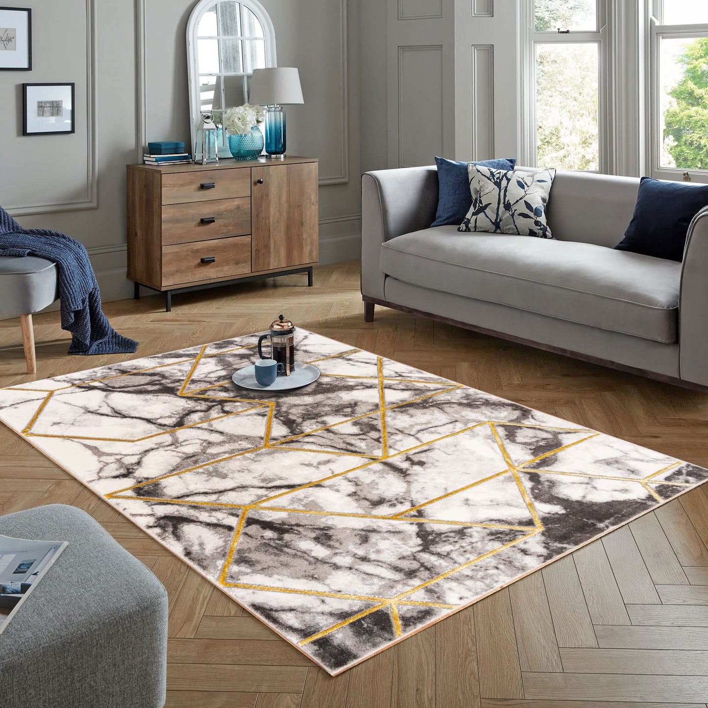 Marbled Geometric Abstract Rug Modern Luxurious Carpet for Living Room Bedroom Bianco 224RA Soft Quality Rug